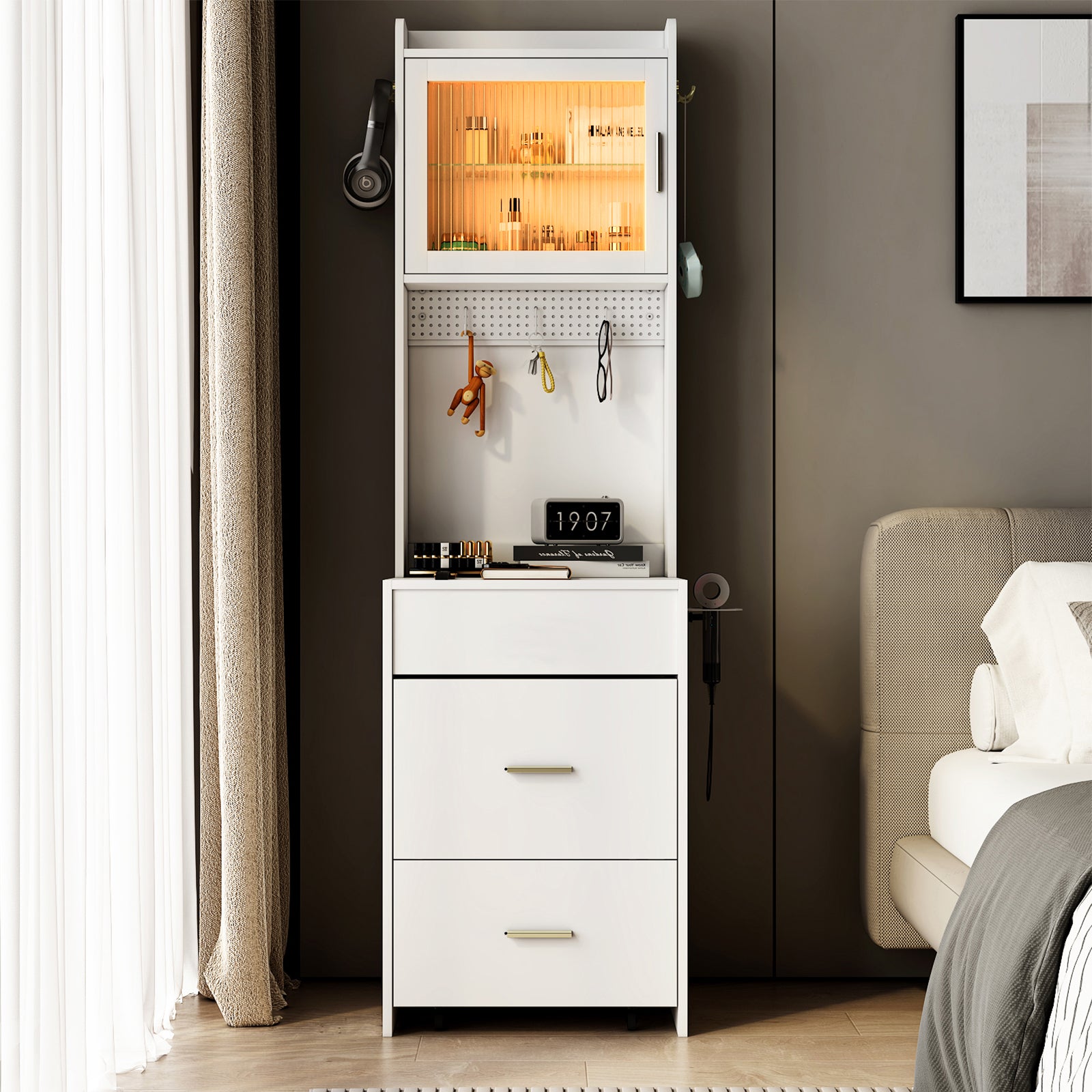 HAOYYE Small Vanity Desk with Mirror and LED Lights, Compact Makeup Table with Charging Station, Storage Shelves, Hidden Storage Stool for Bedroom, Mini Corner Vanity Set for Small Spaces, White, Space-Saving Design, Modern and Functional