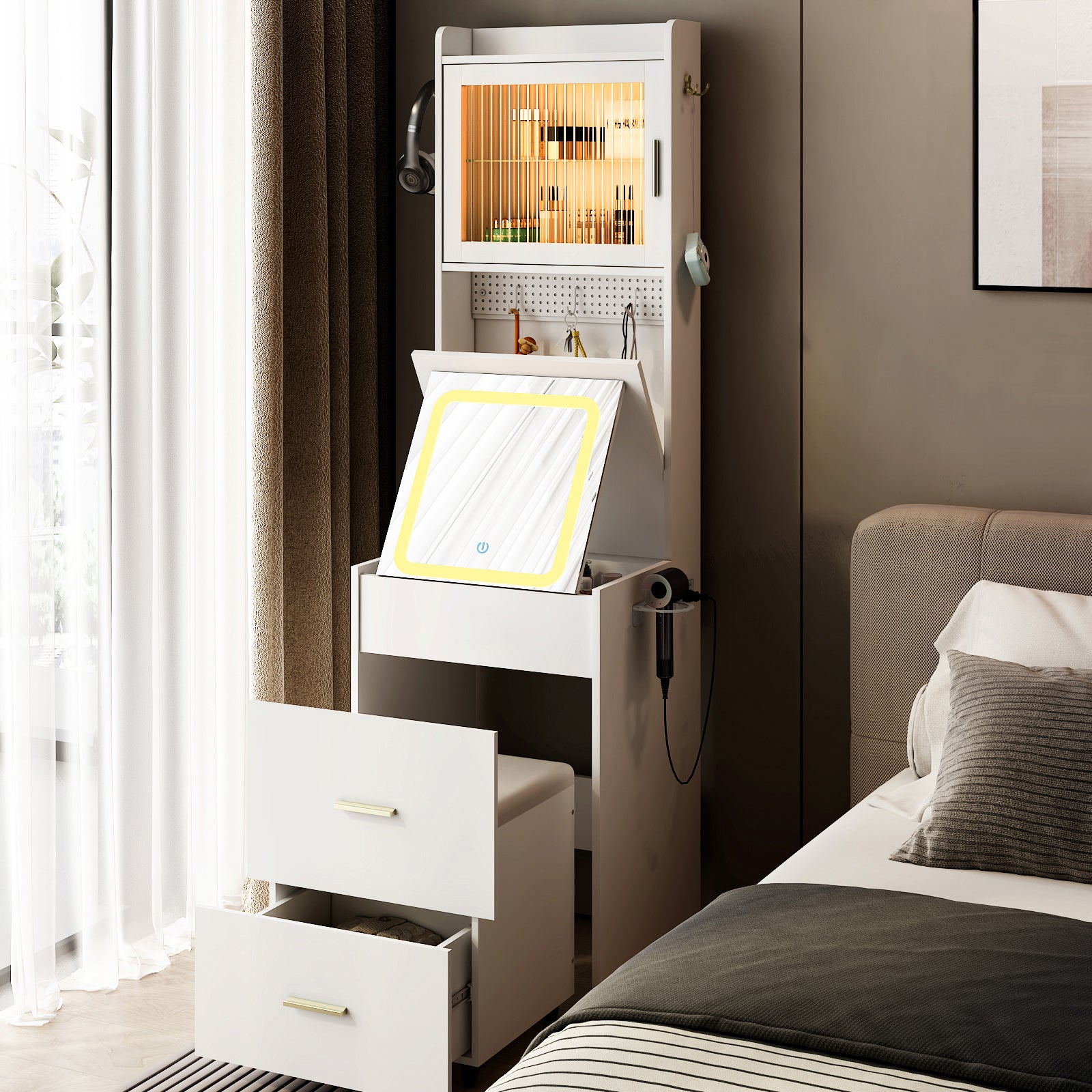 HAOYYE Small Vanity Desk with Mirror and LED Lights, Compact Makeup Table with Charging Station, Storage Shelves, Hidden Storage Stool for Bedroom, Mini Corner Vanity Set for Small Spaces, White, Space-Saving Design, Modern and Functional