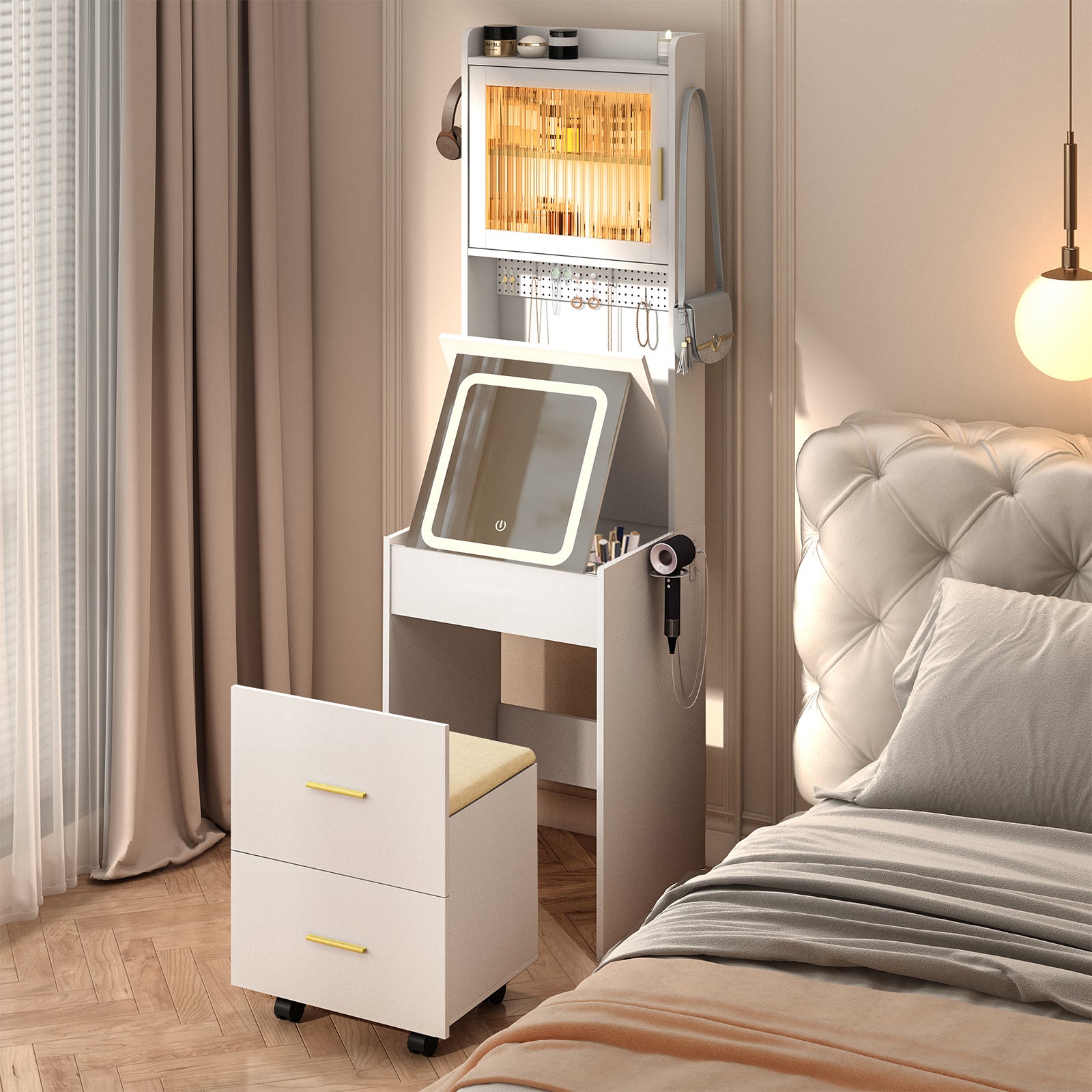 HAOYYE Small Vanity Desk with Mirror and LED Lights, Compact Makeup Table with Charging Station, Storage Shelves, Hidden Storage Stool for Bedroom, Mini Corner Vanity Set for Small Spaces, White, Space-Saving Design, Modern and Functional