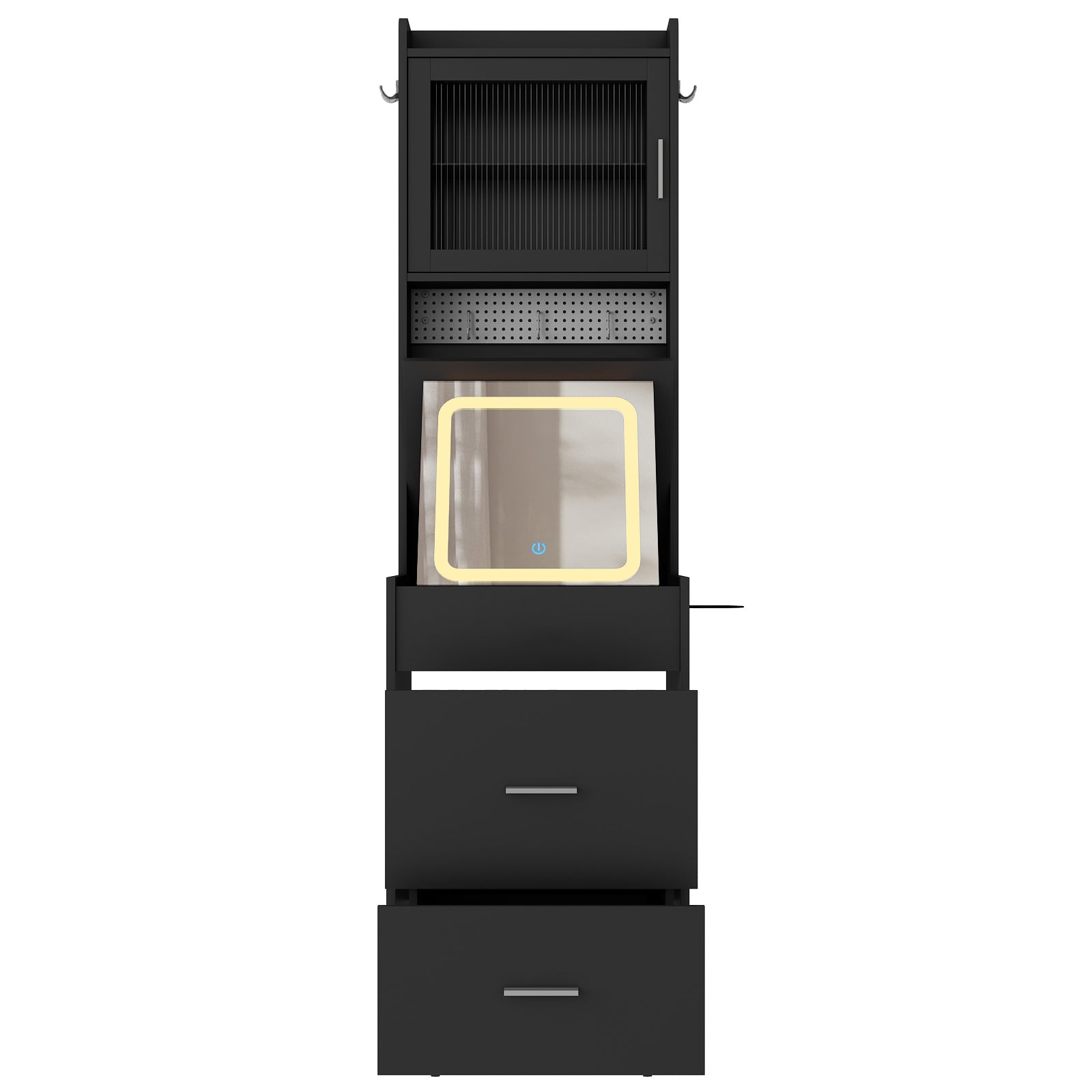 HAOYYE Small Vanity Desk with Mirror and LED Lights, Compact Makeup Table with Charging Station, Storage Shelves, Hidden Storage Stool for Bedroom, Modern Corner Vanity Set for Small Spaces, Black