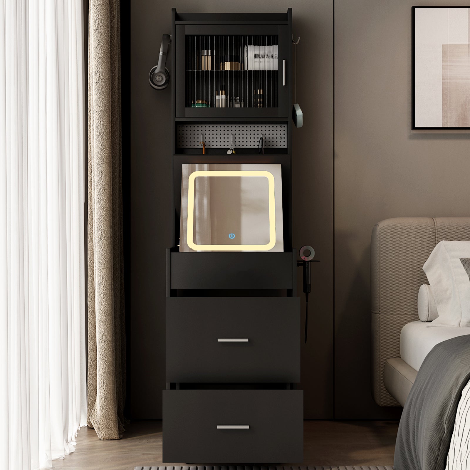 HAOYYE Small Vanity Desk with Mirror and LED Lights, Compact Makeup Table with Charging Station, Storage Shelves, Hidden Storage Stool for Bedroom, Modern Corner Vanity Set for Small Spaces, Black