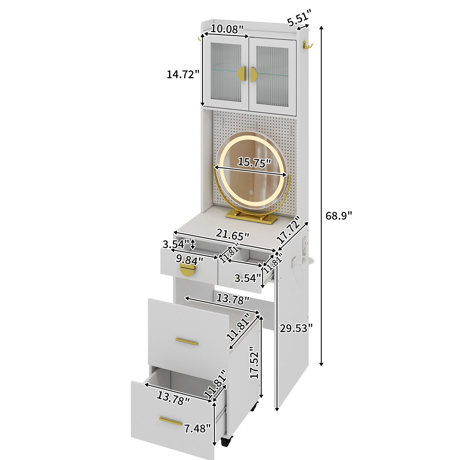 HAOYYE Small Vanity Desk with Mirror and LED Lights, Makeup Table with Charging Station, Storage Shelves, Drawers, and Hidden Storage Stool – Compact Mini Corner Vanity Set for Small Spaces, Bedroom, Apartment, Dorm Room