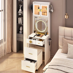 HAOYYE Small Vanity Desk with Mirror and LED Lights, Makeup Table with Charging Station, Drawers & Storage Shelves, Compact Mini Corner Vanity Set with Hidden Storage Stool for Bedroom, Space-Saving, Modern Makeup Organizer for Small Spaces