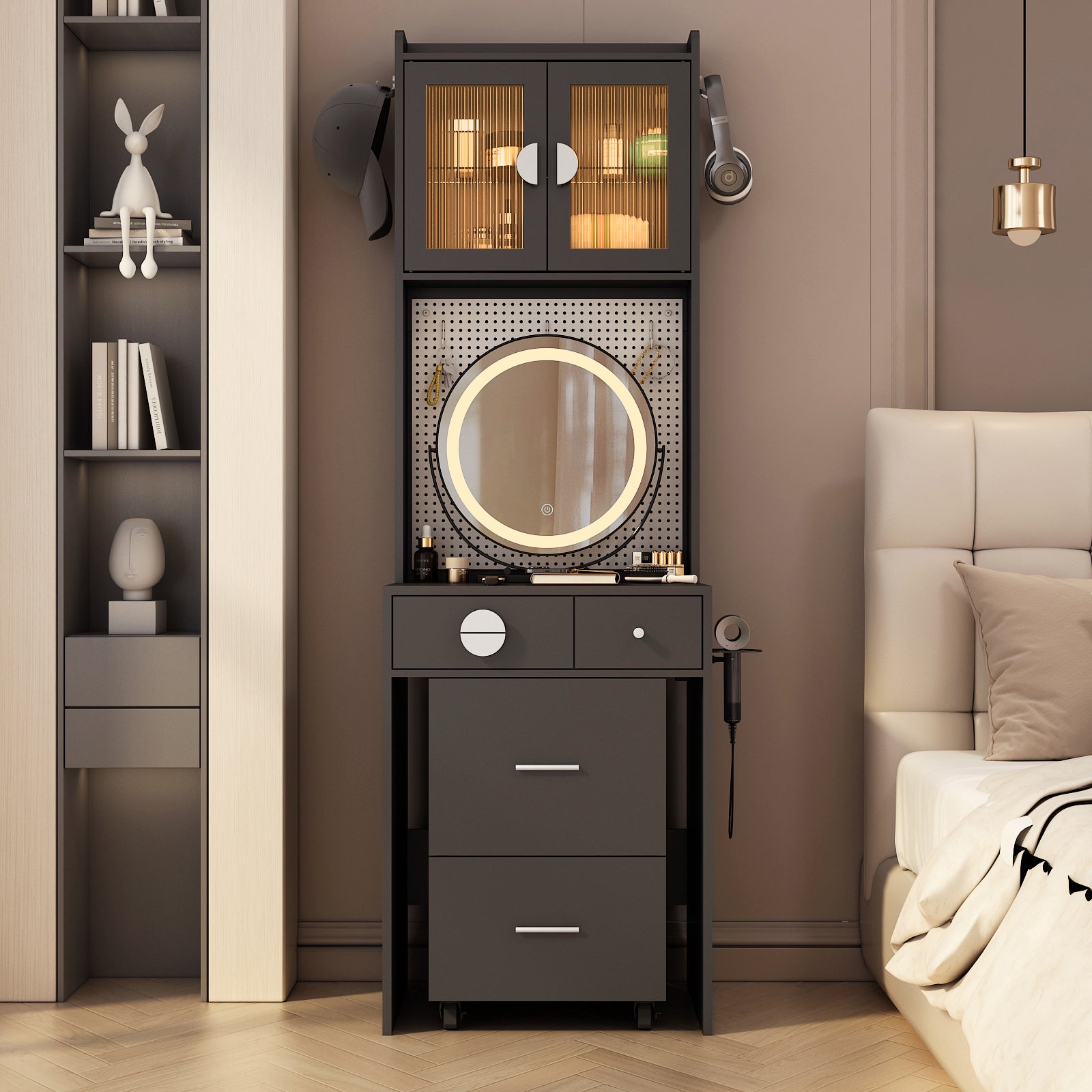 HAOYYE Small Vanity Desk with Mirror and LED Lights, Makeup Table with Charging Station, Drawers & Storage Shelves, Compact Mini Corner Vanity Set with Hidden Storage Stool for Bedroom, Space-Saving, Modern Makeup Organizer for Small Spaces