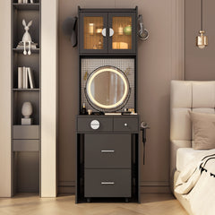 HAOYYE Small Vanity Desk with Mirror and LED Lights, Makeup Table with Charging Station, Drawers & Storage Shelves, Compact Mini Corner Vanity Set with Hidden Storage Stool for Bedroom, Space-Saving, Modern Makeup Organizer for Small Spaces