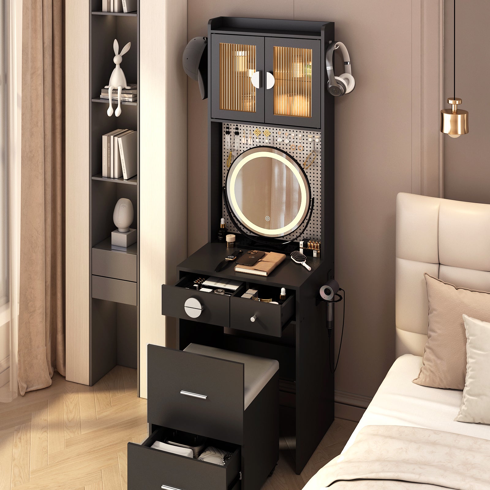 HAOYYE Small Vanity Desk with Mirror and LED Lights, Makeup Table with Charging Station, Drawers & Storage Shelves, Compact Mini Corner Vanity Set with Hidden Storage Stool for Bedroom, Space-Saving, Modern Makeup Organizer for Small Spaces