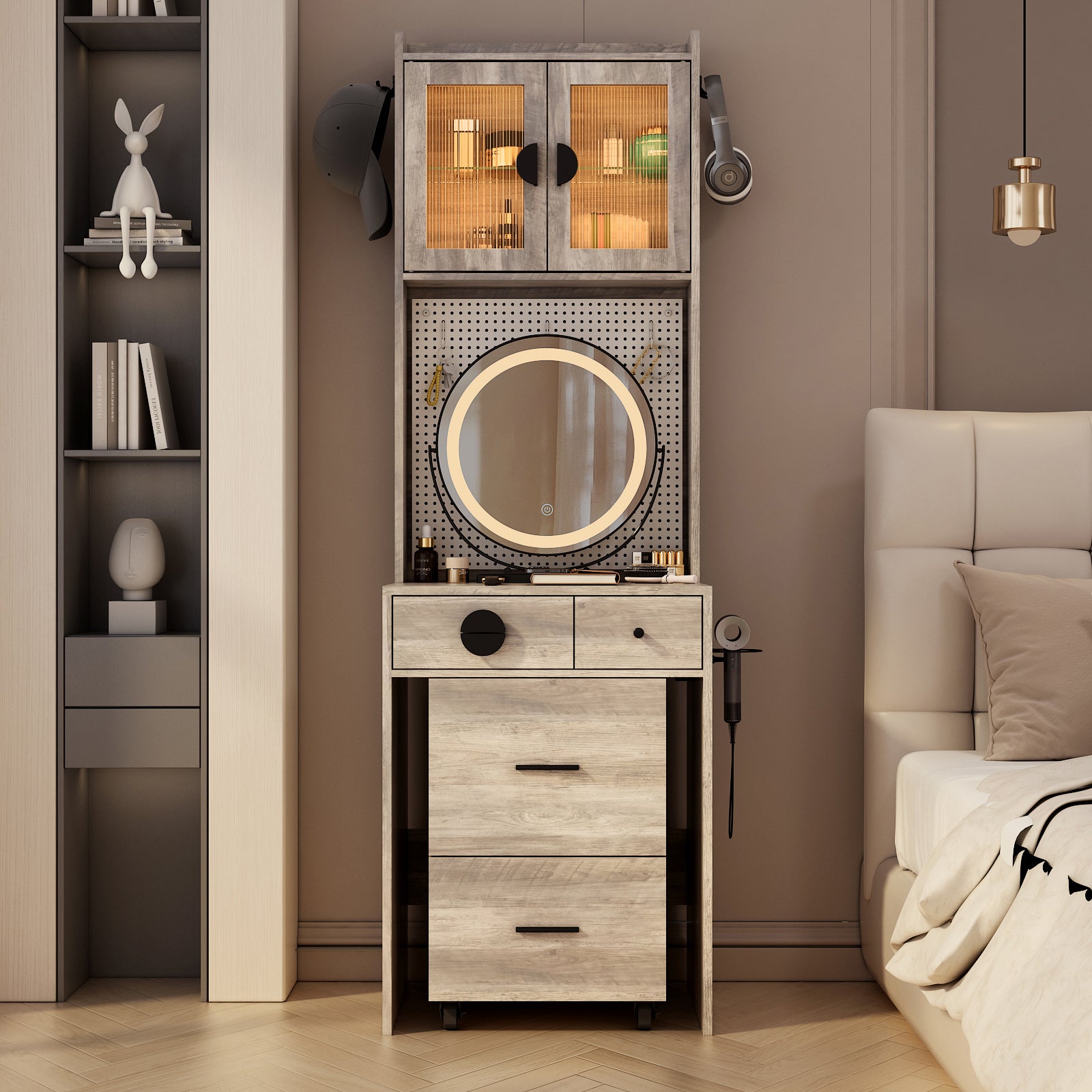 HAOYYE Small Vanity Desk with LED Mirror, Makeup Table with Charging Station, Drawers & Storage Shelves for Small Spaces, Compact Corner Vanity Set with Hidden Storage Stool for Bedroom, Apartments, Dorm Rooms – Space-Saving Design