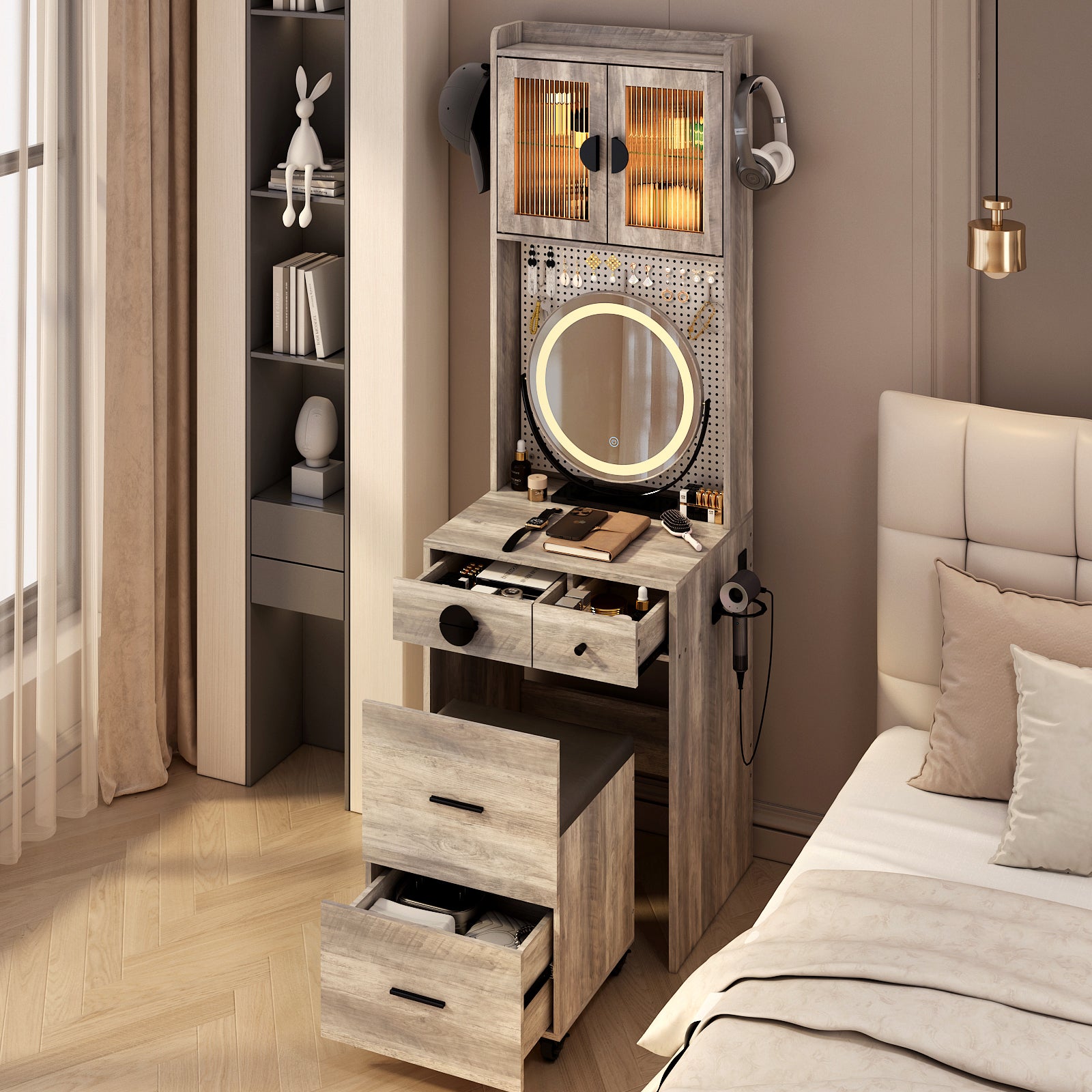 HAOYYE Small Vanity Desk with LED Mirror, Makeup Table with Charging Station, Drawers & Storage Shelves for Small Spaces, Compact Corner Vanity Set with Hidden Storage Stool for Bedroom, Apartments, Dorm Rooms – Space-Saving Design