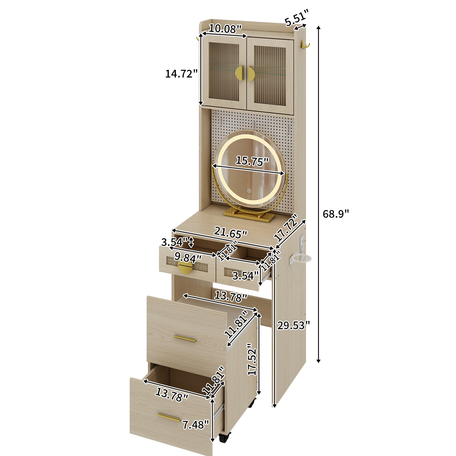 HAOYYE Small Vanity Desk with LED Mirror and Lights, Compact Makeup Table with Charging Station, Storage Shelves, Drawers & Hidden Stool for Small Space, Mini Corner Vanity Set for Bedroom, Modern Storage Solution for Apartments