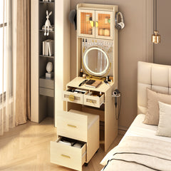 HAOYYE Small Vanity Desk with LED Mirror and Lights, Compact Makeup Table with Charging Station, Storage Shelves, Drawers & Hidden Stool for Small Space, Mini Corner Vanity Set for Bedroom, Modern Storage Solution for Apartments