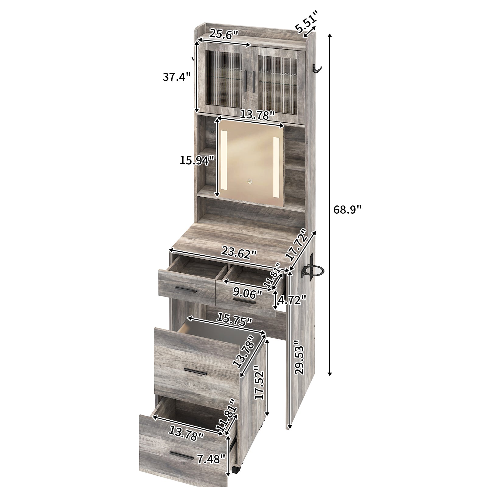 HAOYYE Small Vanity Desk with Sliding Mirror, LED Lights, and Charging Station – Compact Mini Makeup Table with Storage Shelves, Hidden Storage Stool for Bedroom, Small Space Corner Vanity Set for Apartments, Modern Design with Dimmable Lighting
