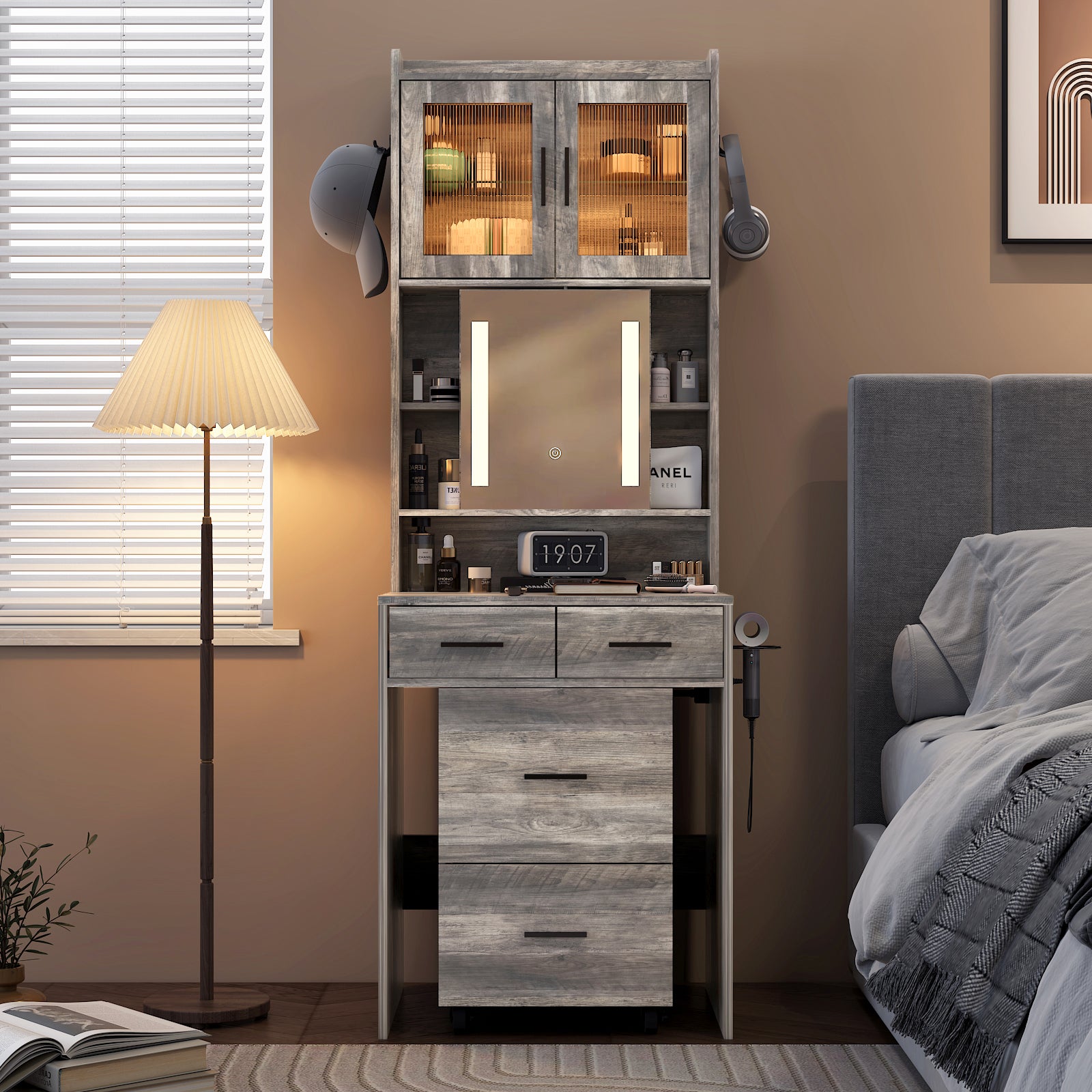 HAOYYE Small Vanity Desk with Sliding Mirror, LED Lights, and Charging Station – Compact Mini Makeup Table with Storage Shelves, Hidden Storage Stool for Bedroom, Small Space Corner Vanity Set for Apartments, Modern Design with Dimmable Lighting