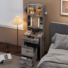 HAOYYE Small Vanity Desk with Sliding Mirror, LED Lights, and Charging Station – Compact Mini Makeup Table with Storage Shelves, Hidden Storage Stool for Bedroom, Small Space Corner Vanity Set for Apartments, Modern Design with Dimmable Lighting