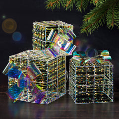 HAOYYE Iridescent Lighted Gift Boxes Set of 3, Pre-lit Nestable Christmas Present Ornaments with 140 Warm White LED Lights, Weather-Resistant Stakes for Outdoor Indoor Holiday Yard Patio Décor