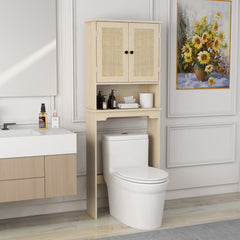 HAOYYE Over The Toilet Storage Cabinet With Adjustable Shelves And Open Storage Shelf, Bathroom Organizer With Two Rattan Doors, Natural Wood Finish, Space-Saving Bathroom Storage Solution For Towels, Toiletries, And More
