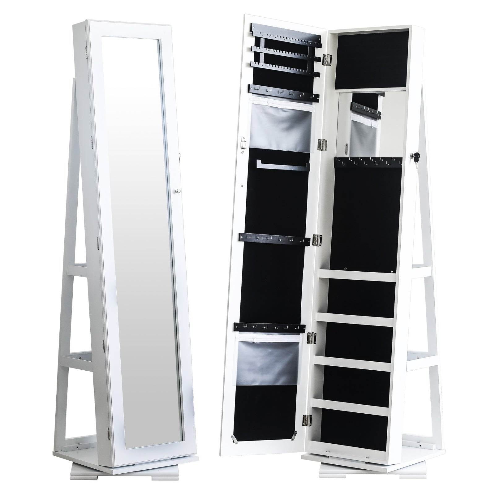 HAOYYE 360-Degree Rotation Full-Body Mirror Cabinet, Moisture-Proof PVC Dressing Mirror with Jewelry Storage, White Storage Mirror for Bedroom, Bathroom, and Dressing Room