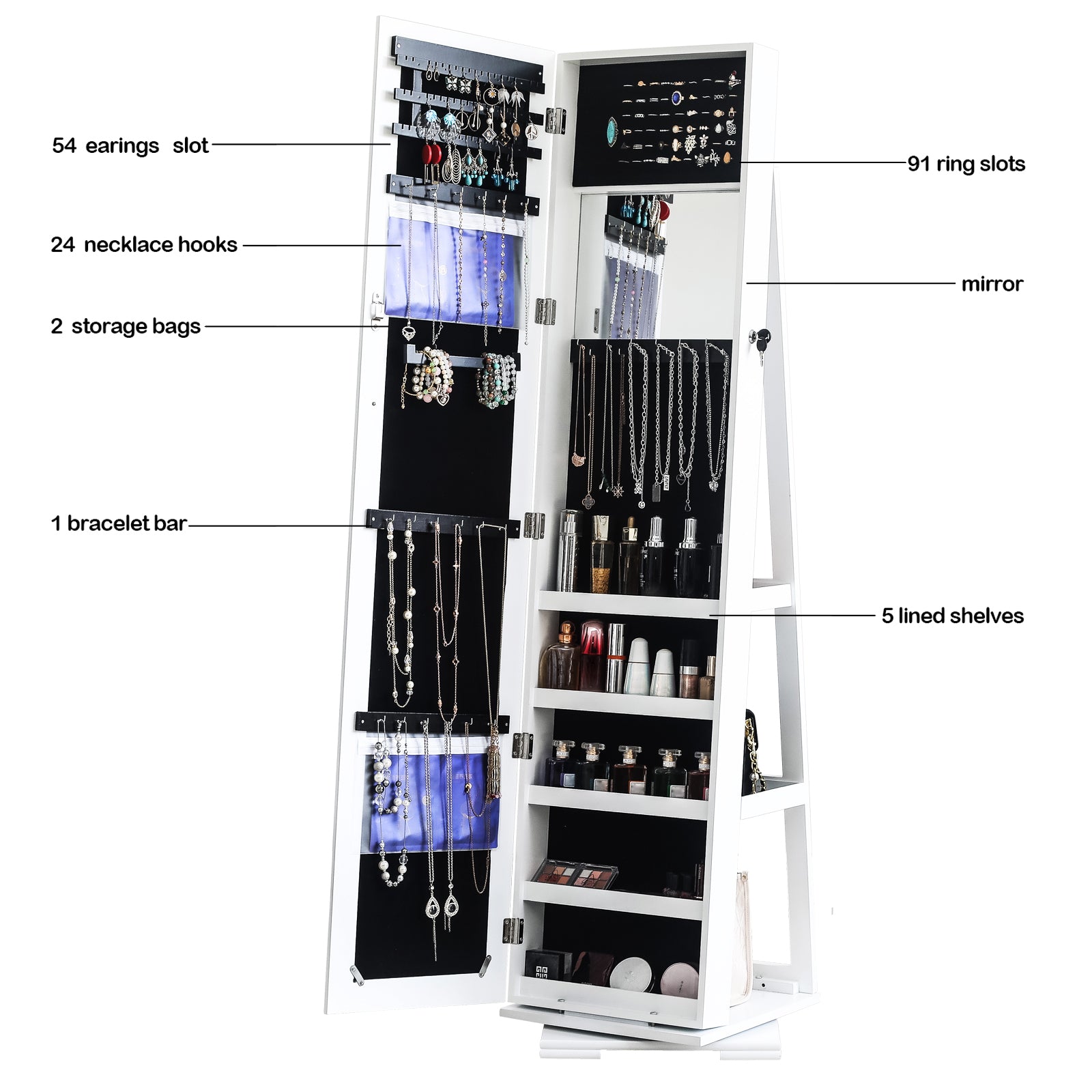 HAOYYE 360-Degree Rotation Full-Body Mirror Cabinet, Moisture-Proof PVC Dressing Mirror with Jewelry Storage, White Storage Mirror for Bedroom, Bathroom, and Dressing Room