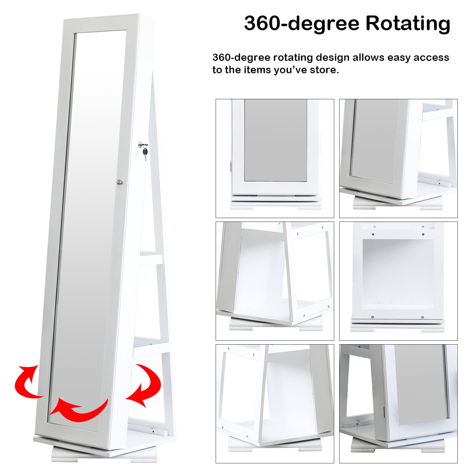 HAOYYE 360-Degree Rotation Full-Body Mirror Cabinet, Moisture-Proof PVC Dressing Mirror with Jewelry Storage, White Storage Mirror for Bedroom, Bathroom, and Dressing Room