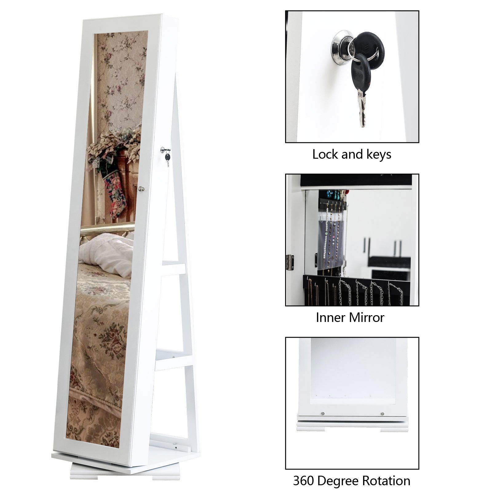 HAOYYE 360-Degree Rotation Full-Body Mirror Cabinet, Moisture-Proof PVC Dressing Mirror with Jewelry Storage, White Storage Mirror for Bedroom, Bathroom, and Dressing Room
