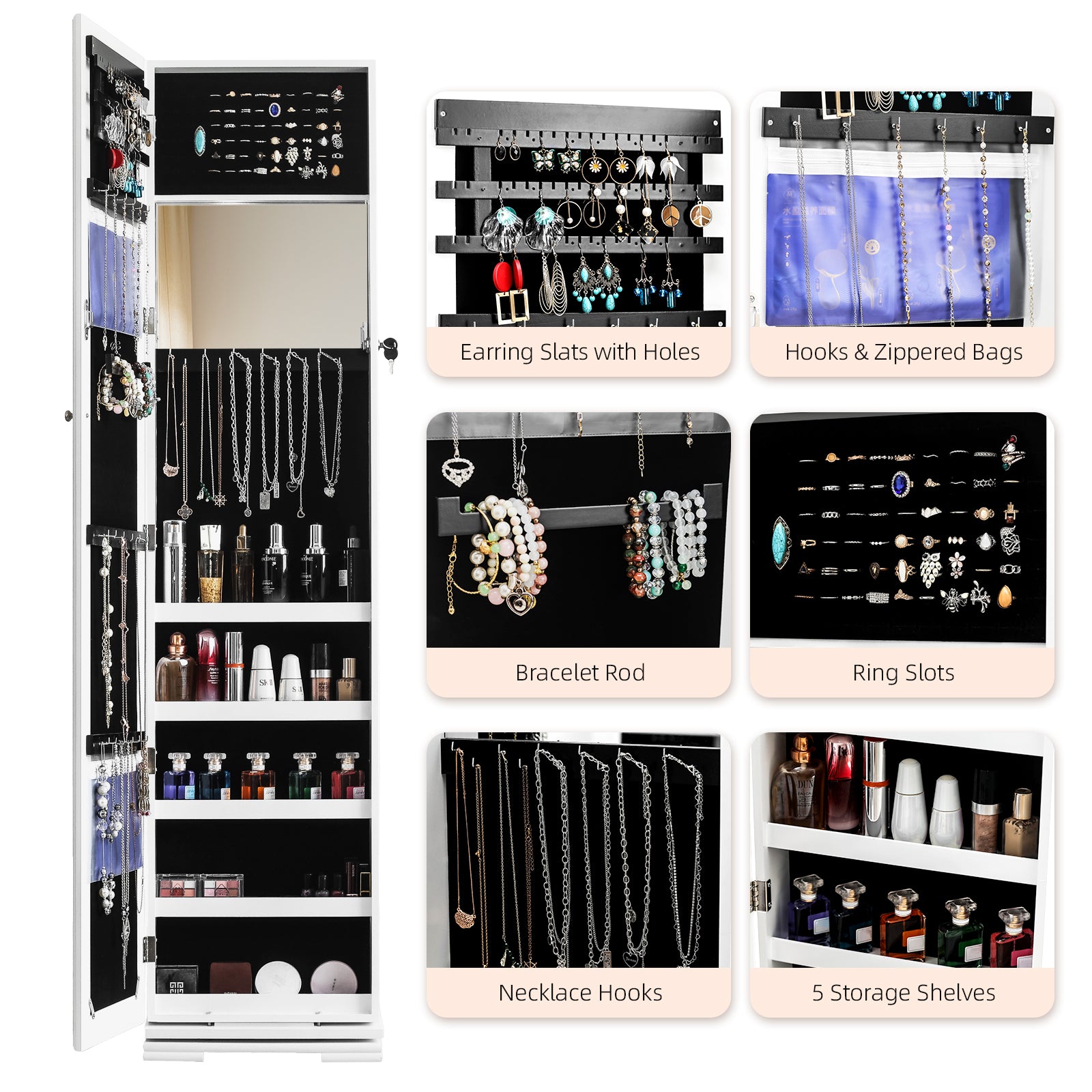 HAOYYE 360-Degree Rotation Full-Body Mirror Cabinet, Moisture-Proof PVC Dressing Mirror with Jewelry Storage, White Storage Mirror for Bedroom, Bathroom, and Dressing Room