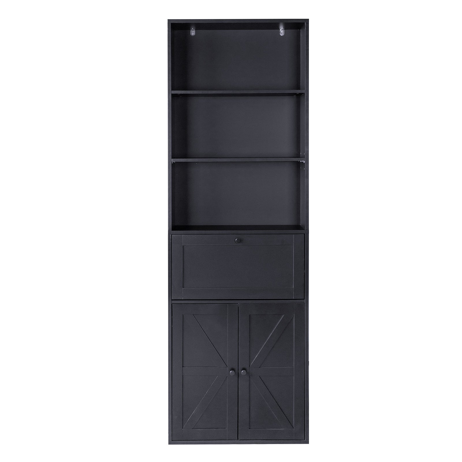 HAOYYE 3-Layer Display Cabinet with 1 Drawer and 2 Doors, Double Z Shape Melamine Board Design, Elegant Black Finish, Soft and Cozy Warm Flannel Fleece Home Decor, Luxury Comfortable Unique Premium Quality Storage Solution for Living Room or Bedroom
