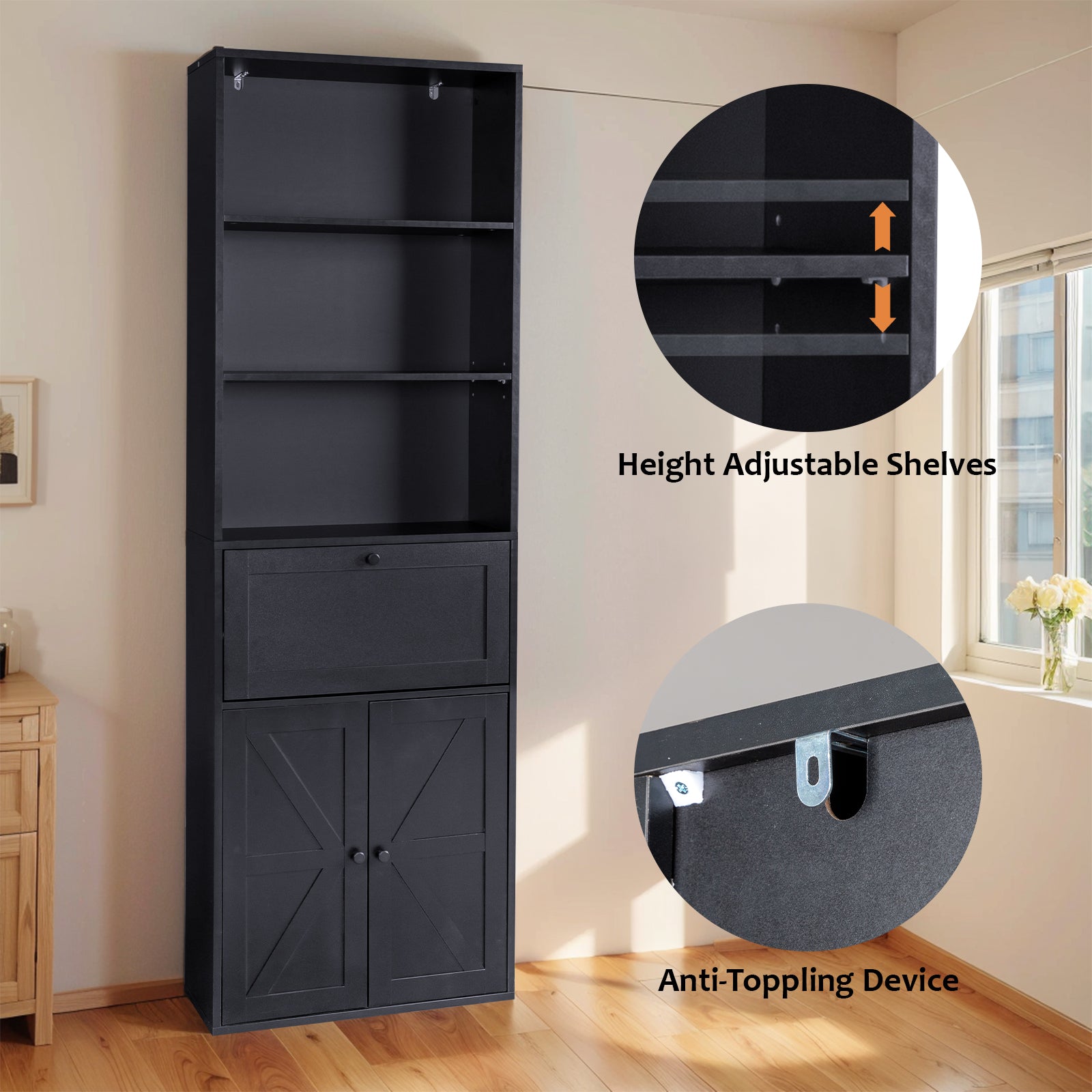 HAOYYE 3-Layer Display Cabinet with 1 Drawer and 2 Doors, Double Z Shape Melamine Board Design, Elegant Black Finish, Soft and Cozy Warm Flannel Fleece Home Decor, Luxury Comfortable Unique Premium Quality Storage Solution for Living Room or Bedroom