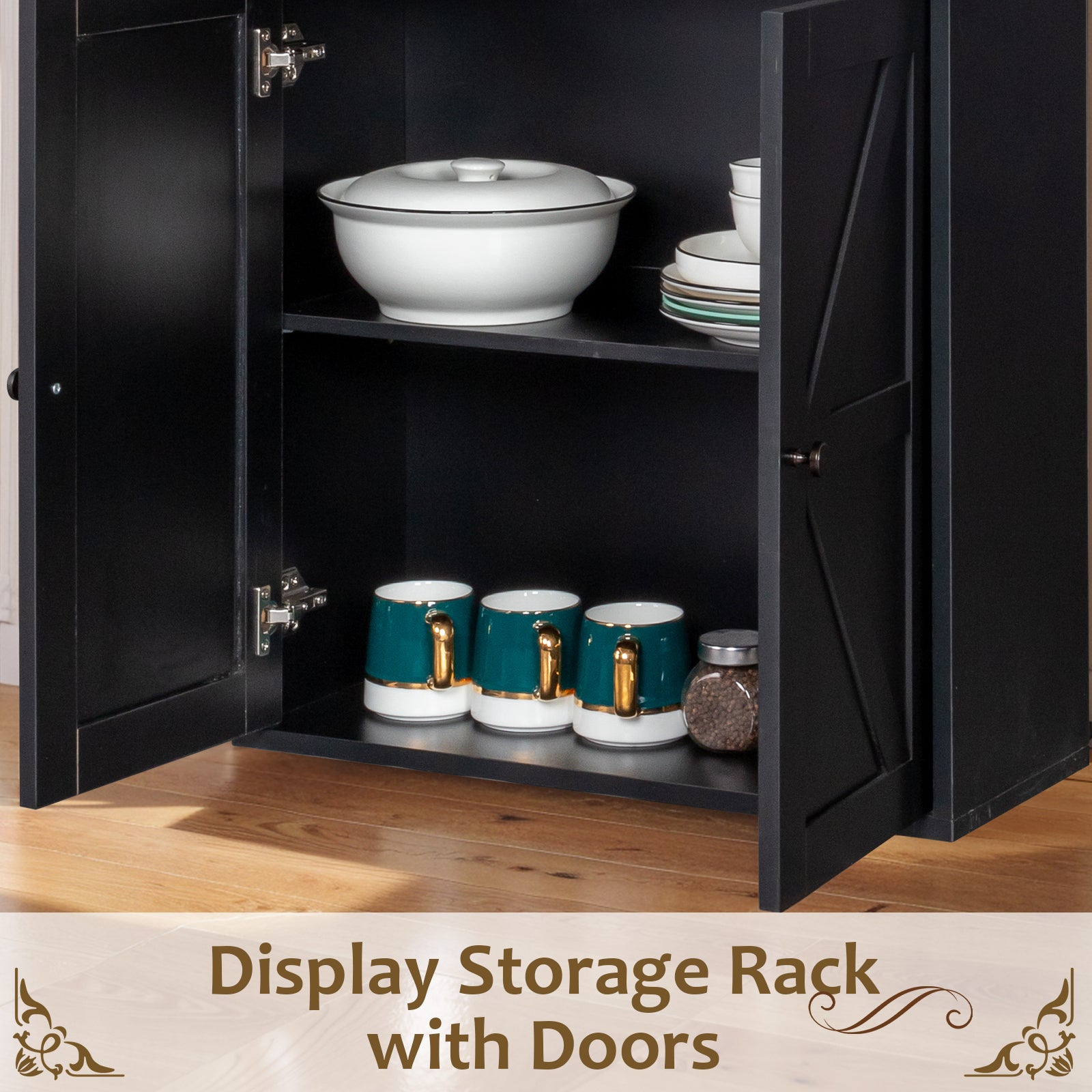 HAOYYE 3-Layer Display Cabinet with 1 Drawer and 2 Doors, Double Z Shape Melamine Board Design, Elegant Black Finish, Soft and Cozy Warm Flannel Fleece Home Decor, Luxury Comfortable Unique Premium Quality Storage Solution for Living Room or Bedroom