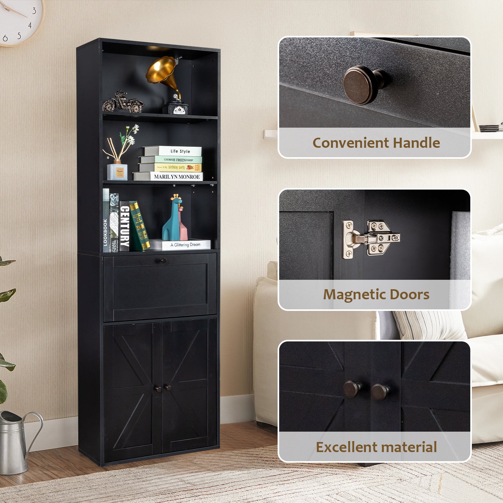 HAOYYE 3-Layer Display Cabinet with 1 Drawer and 2 Doors, Double Z Shape Melamine Board Design, Elegant Black Finish, Soft and Cozy Warm Flannel Fleece Home Decor, Luxury Comfortable Unique Premium Quality Storage Solution for Living Room or Bedroom