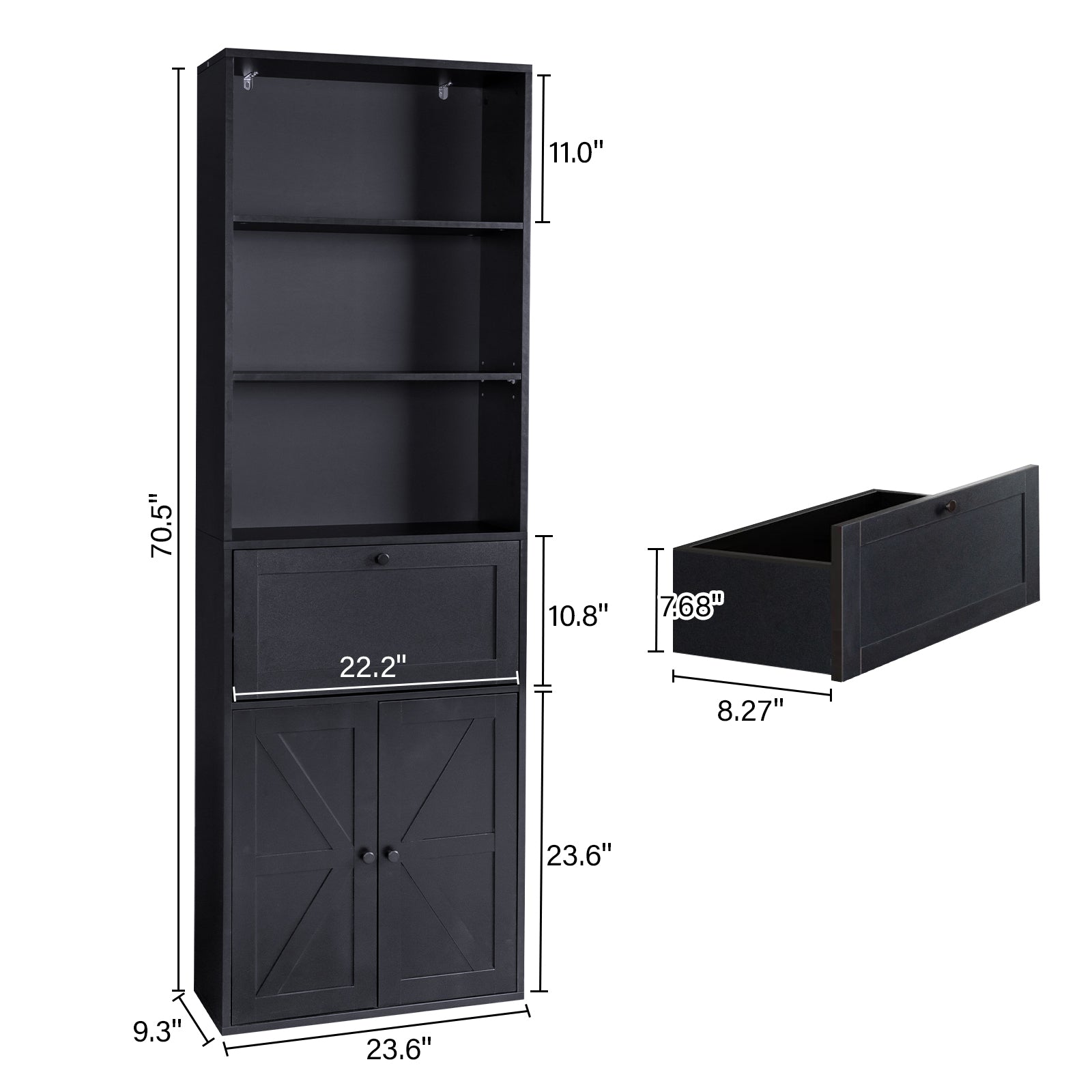 HAOYYE 3-Layer Display Cabinet with 1 Drawer and 2 Doors, Double Z Shape Melamine Board Design, Elegant Black Finish, Soft and Cozy Warm Flannel Fleece Home Decor, Luxury Comfortable Unique Premium Quality Storage Solution for Living Room or Bedroom