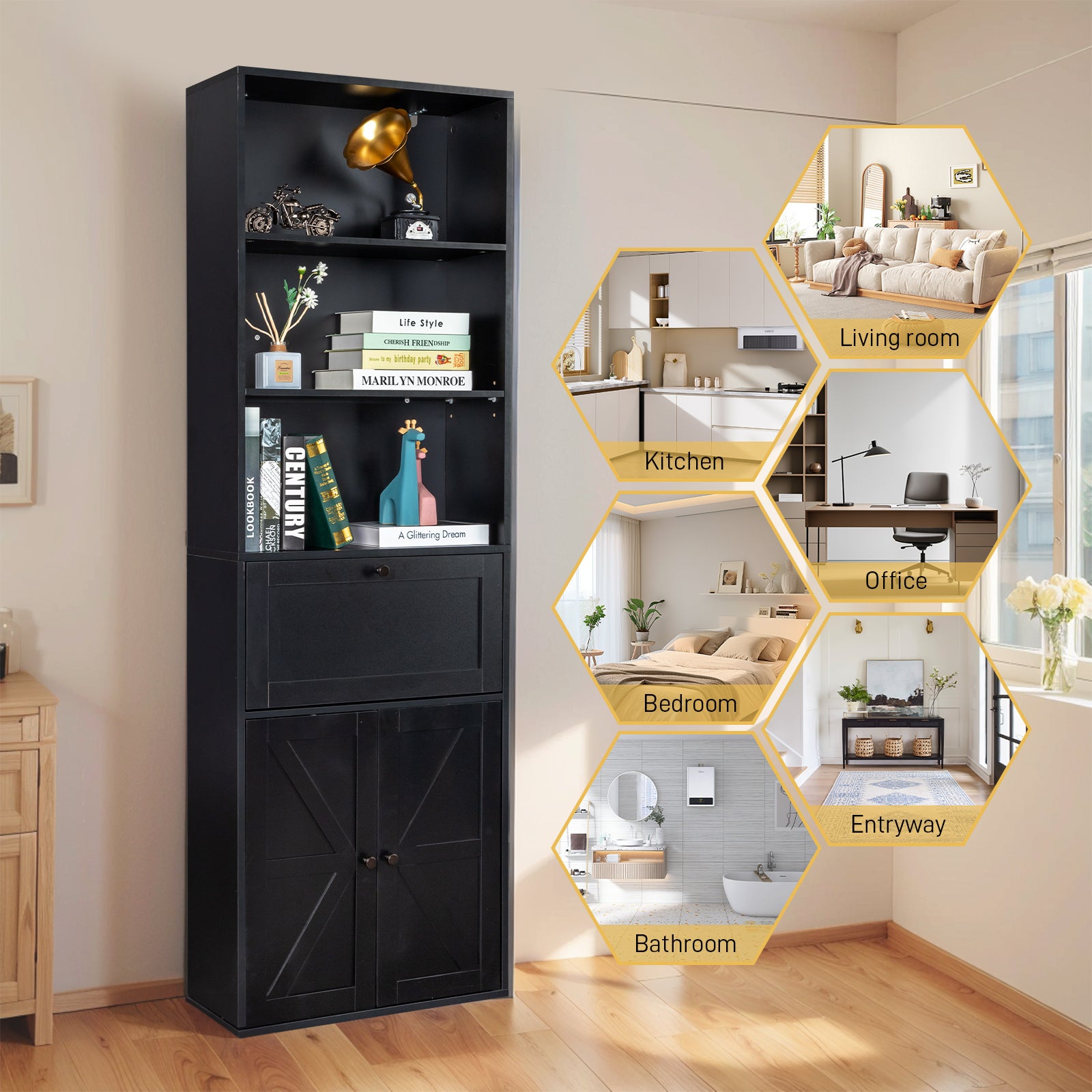 HAOYYE 3-Layer Display Cabinet with 1 Drawer and 2 Doors, Double Z Shape Melamine Board Design, Elegant Black Finish, Soft and Cozy Warm Flannel Fleece Home Decor, Luxury Comfortable Unique Premium Quality Storage Solution for Living Room or Bedroom