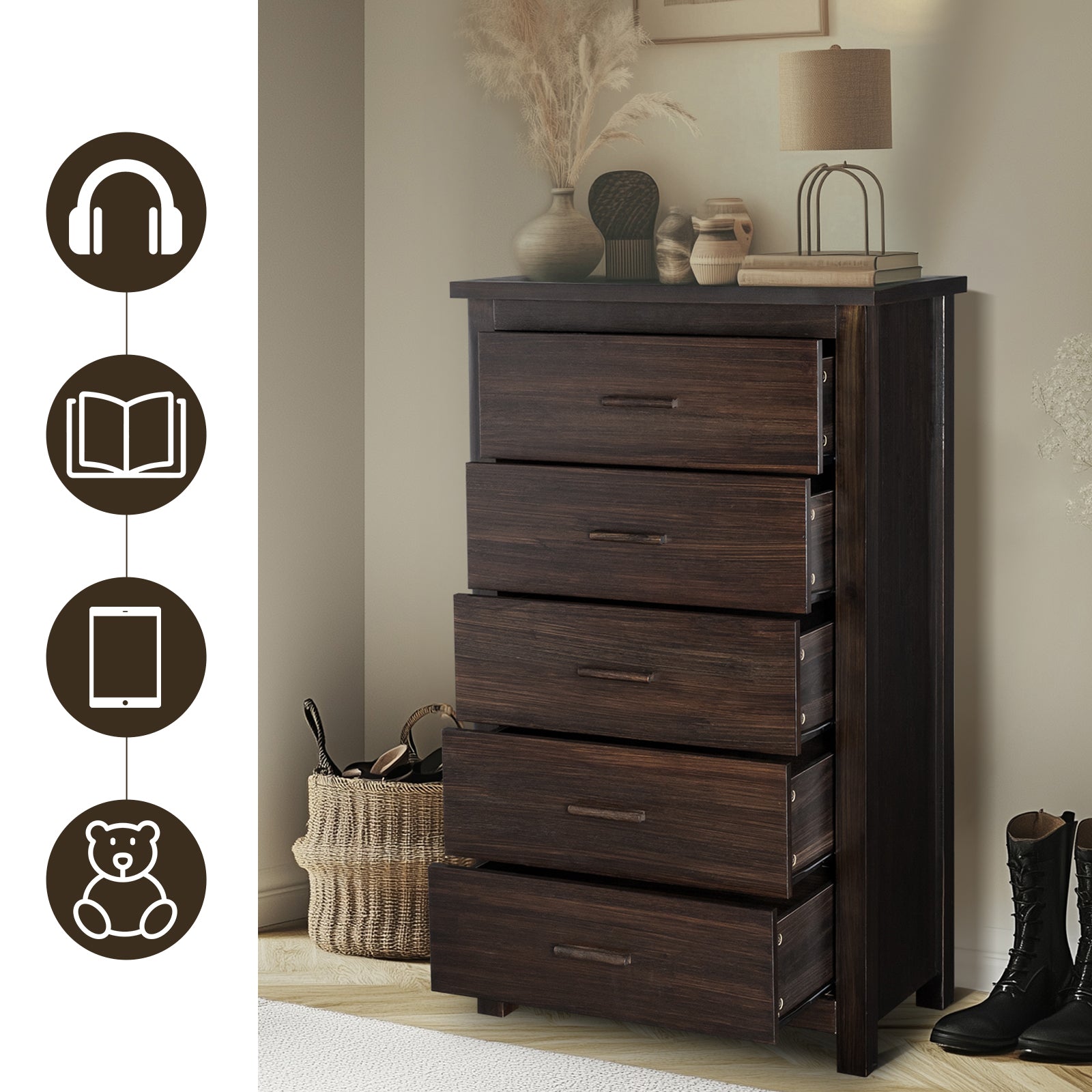 HAOYYE Brown MDF 5-Drawer Chest of Drawers with Solid Wood Veneer, Modern Dresser for Bedroom, Living Room, Hallway, Sturdy and Durable Furniture for Organizing Clothes, Jewelry, and Essentials