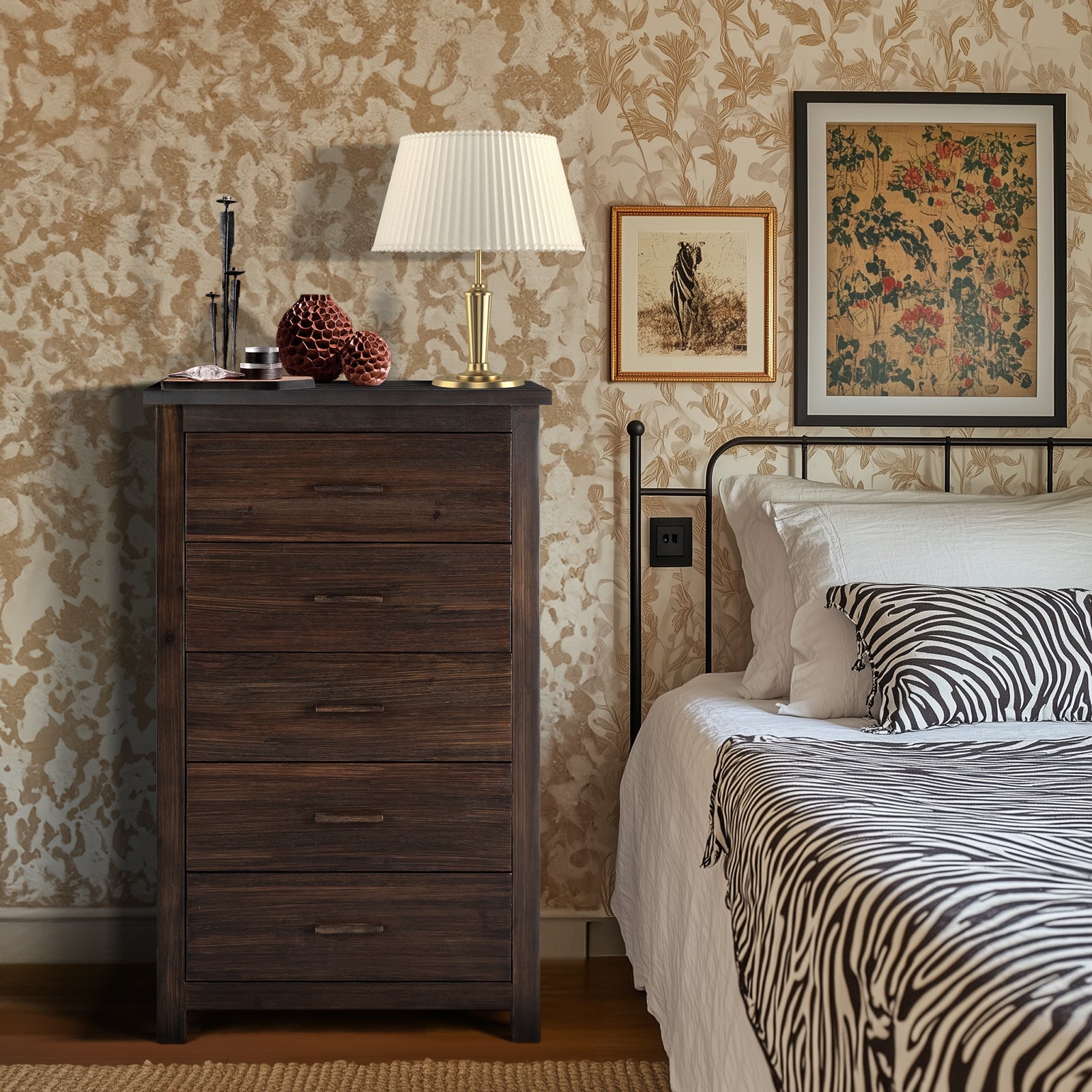 HAOYYE Brown MDF 5-Drawer Chest of Drawers with Solid Wood Veneer, Modern Dresser for Bedroom, Living Room, Hallway, Sturdy and Durable Furniture for Organizing Clothes, Jewelry, and Essentials