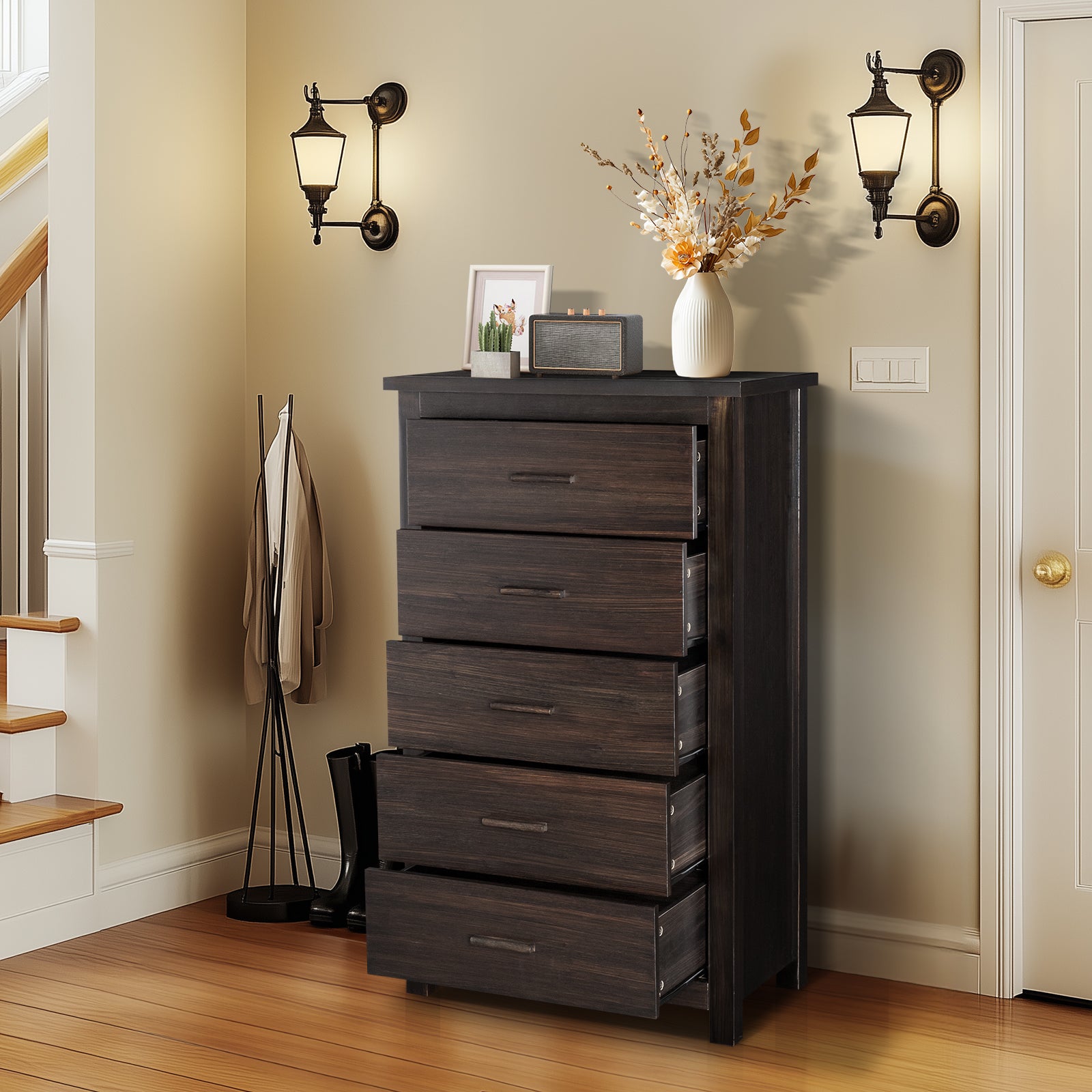 HAOYYE Brown MDF 5-Drawer Chest of Drawers with Solid Wood Veneer, Modern Dresser for Bedroom, Living Room, Hallway, Sturdy and Durable Furniture for Organizing Clothes, Jewelry, and Essentials