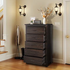 HAOYYE Brown MDF 5-Drawer Chest of Drawers with Solid Wood Veneer, Modern Dresser for Bedroom, Living Room, Hallway, Sturdy and Durable Furniture for Organizing Clothes, Jewelry, and Essentials