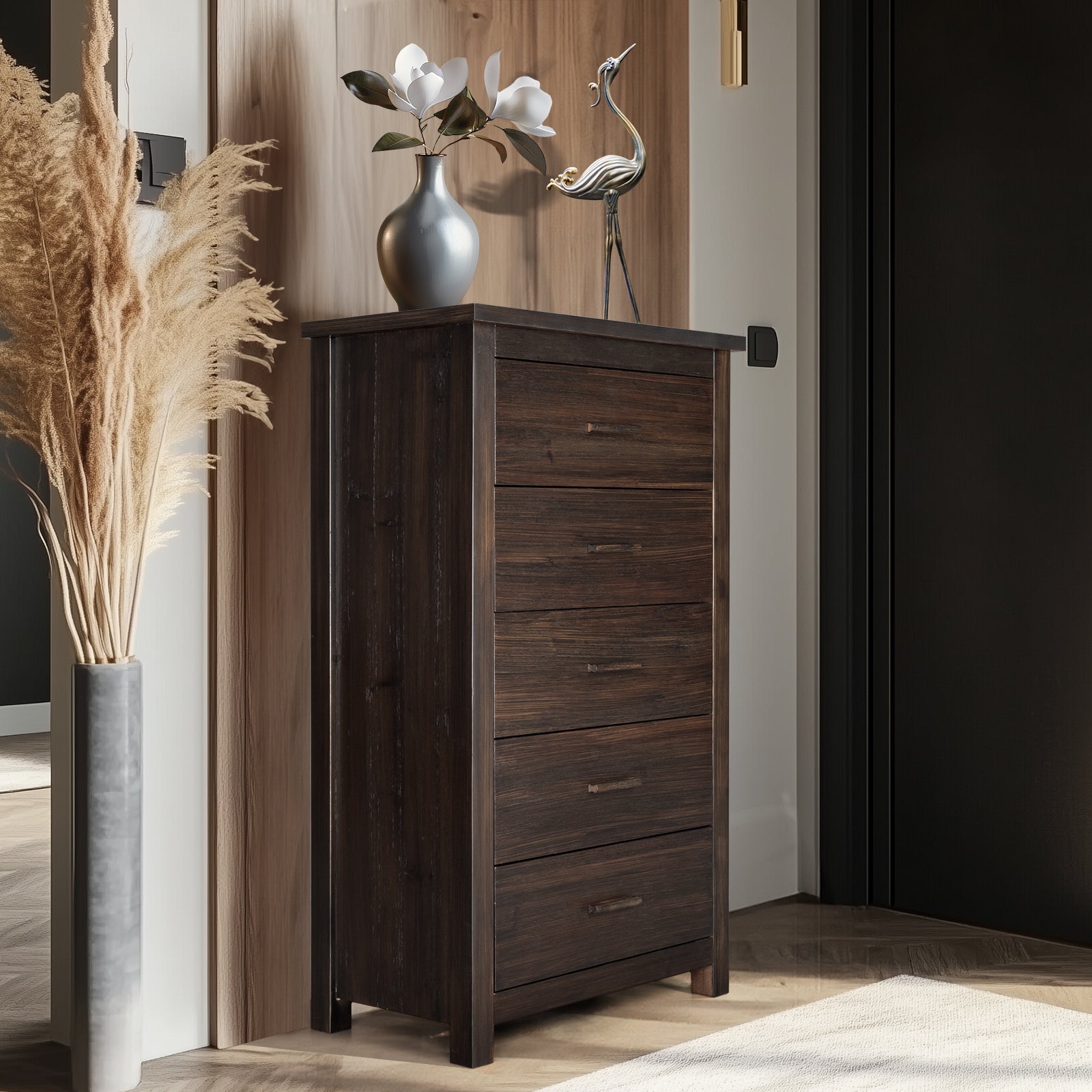 HAOYYE Brown MDF 5-Drawer Chest of Drawers with Solid Wood Veneer, Modern Dresser for Bedroom, Living Room, Hallway, Sturdy and Durable Furniture for Organizing Clothes, Jewelry, and Essentials
