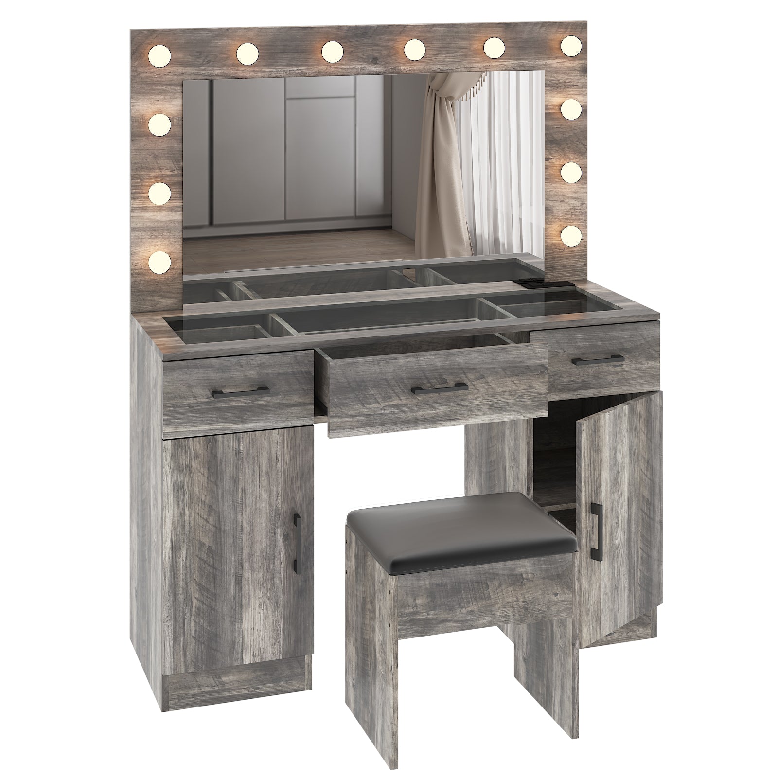 HAOYYE Vanity Desk Set with Large Lighted Mirror and Power Outlet, Glass Top Makeup Vanity with 3 Drawers and 2 Cabinets, 12 LED Lights with 3 Adjustable Lighting Colors, Modern Grey Vanity Table with USB Ports for Bedroom, Dressing Room, or Salon