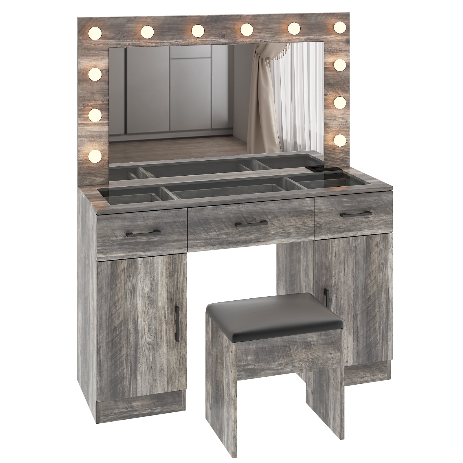 HAOYYE Vanity Desk Set with Large Lighted Mirror and Power Outlet, Glass Top Makeup Vanity with 3 Drawers and 2 Cabinets, 12 LED Lights with 3 Adjustable Lighting Colors, Modern Grey Vanity Table with USB Ports for Bedroom, Dressing Room, or Salon