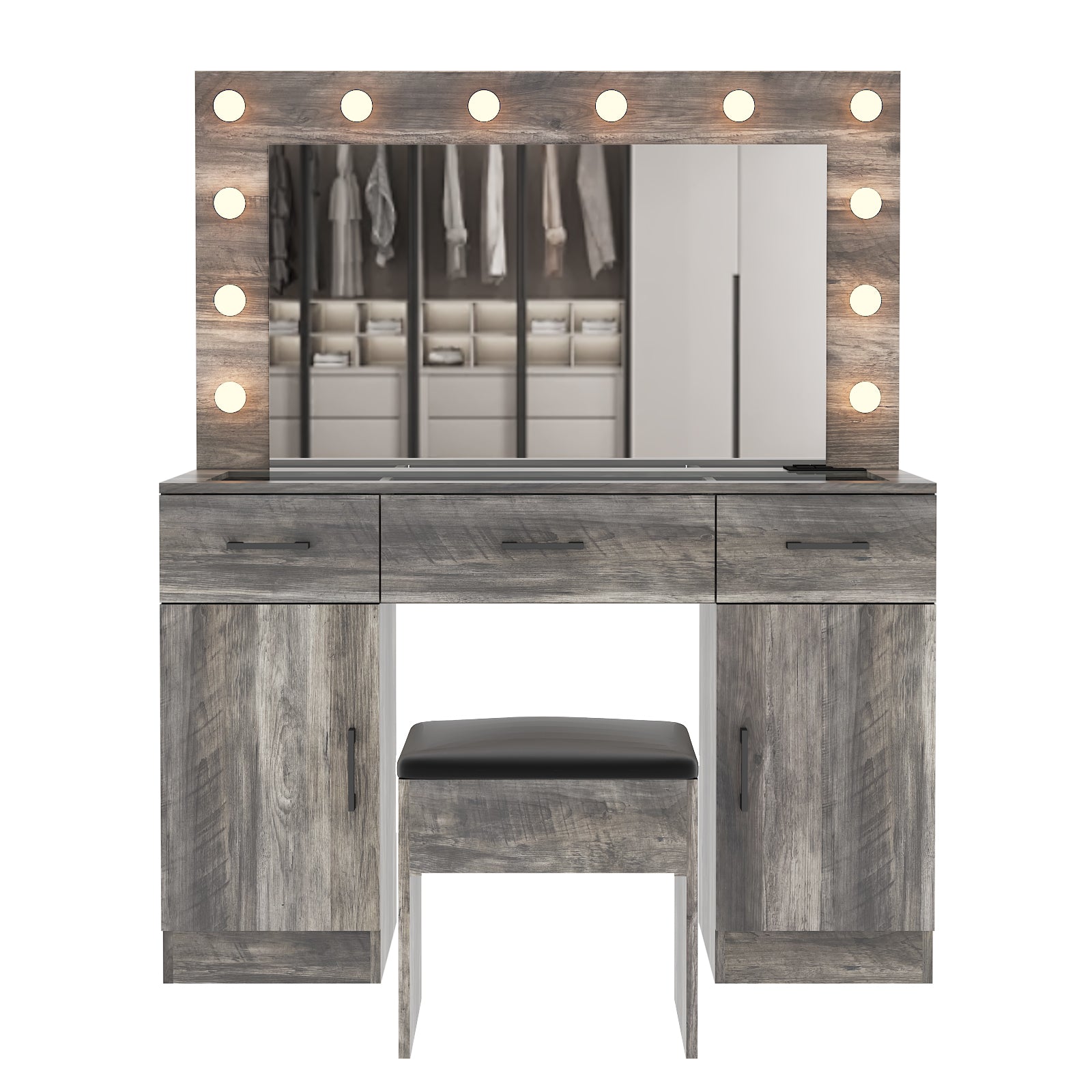 HAOYYE Vanity Desk Set with Large Lighted Mirror and Power Outlet, Glass Top Makeup Vanity with 3 Drawers and 2 Cabinets, 12 LED Lights with 3 Adjustable Lighting Colors, Modern Grey Vanity Table with USB Ports for Bedroom, Dressing Room, or Salon