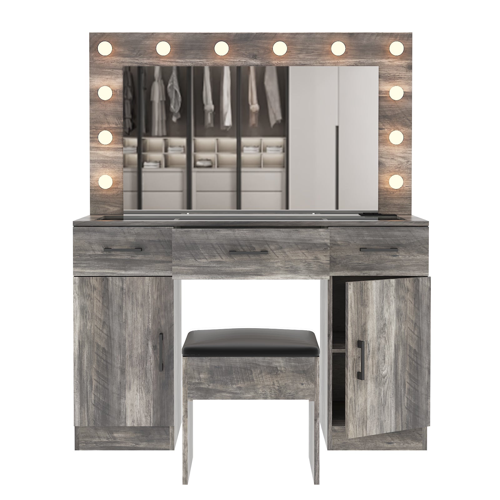 HAOYYE Vanity Desk Set with Large Lighted Mirror and Power Outlet, Glass Top Makeup Vanity with 3 Drawers and 2 Cabinets, 12 LED Lights with 3 Adjustable Lighting Colors, Modern Grey Vanity Table with USB Ports for Bedroom, Dressing Room, or Salon