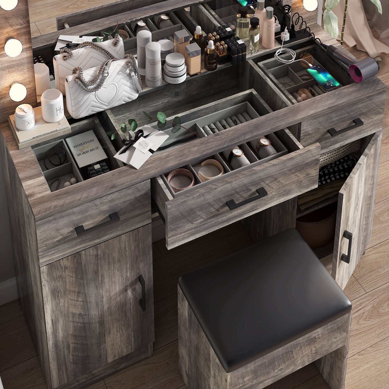 HAOYYE Vanity Desk Set with Large Lighted Mirror and Power Outlet, Glass Top Makeup Vanity with 3 Drawers and 2 Cabinets, 12 LED Lights with 3 Adjustable Lighting Colors, Modern Grey Vanity Table with USB Ports for Bedroom, Dressing Room, or Salon