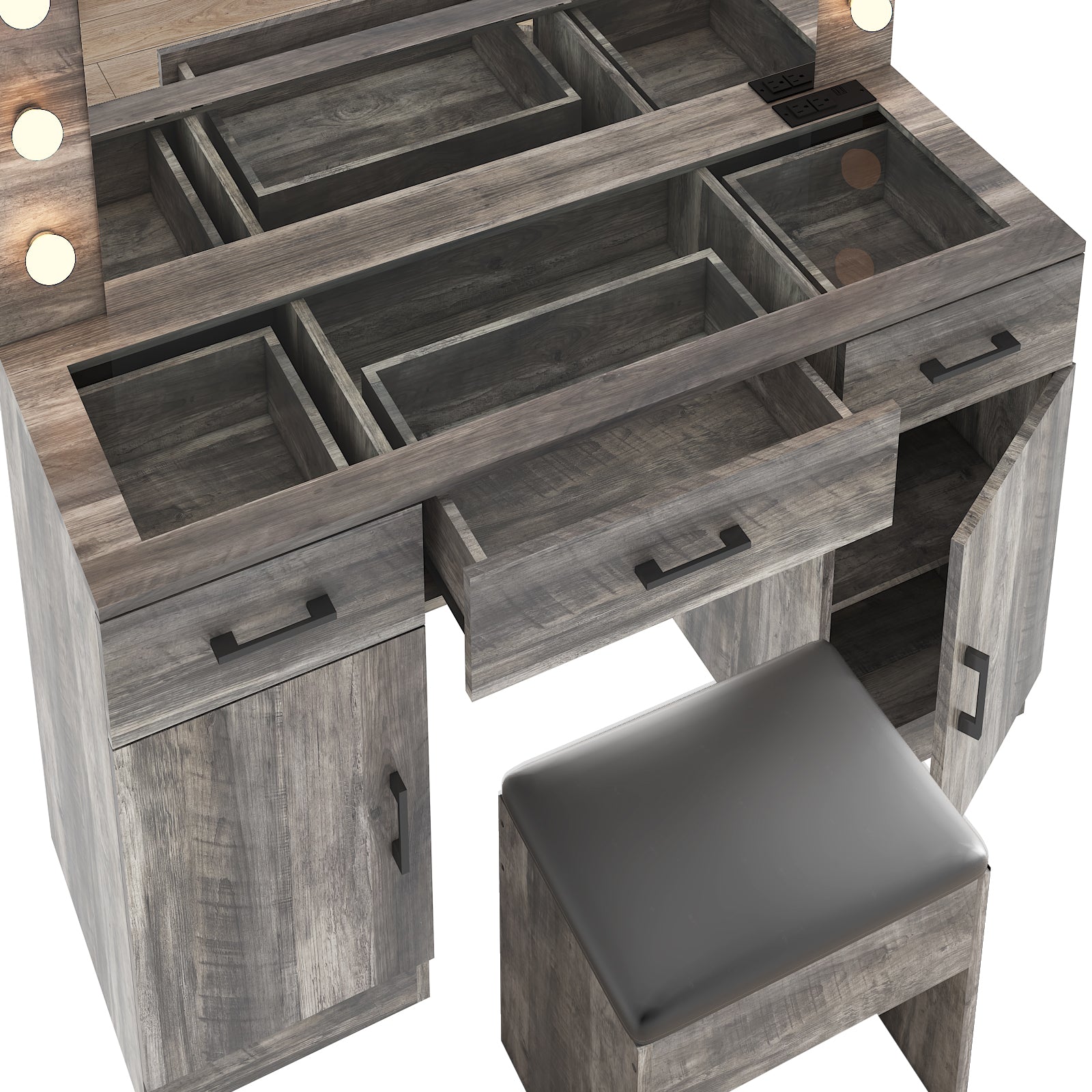 HAOYYE Vanity Desk Set with Large Lighted Mirror and Power Outlet, Glass Top Makeup Vanity with 3 Drawers and 2 Cabinets, 12 LED Lights with 3 Adjustable Lighting Colors, Modern Grey Vanity Table with USB Ports for Bedroom, Dressing Room, or Salon