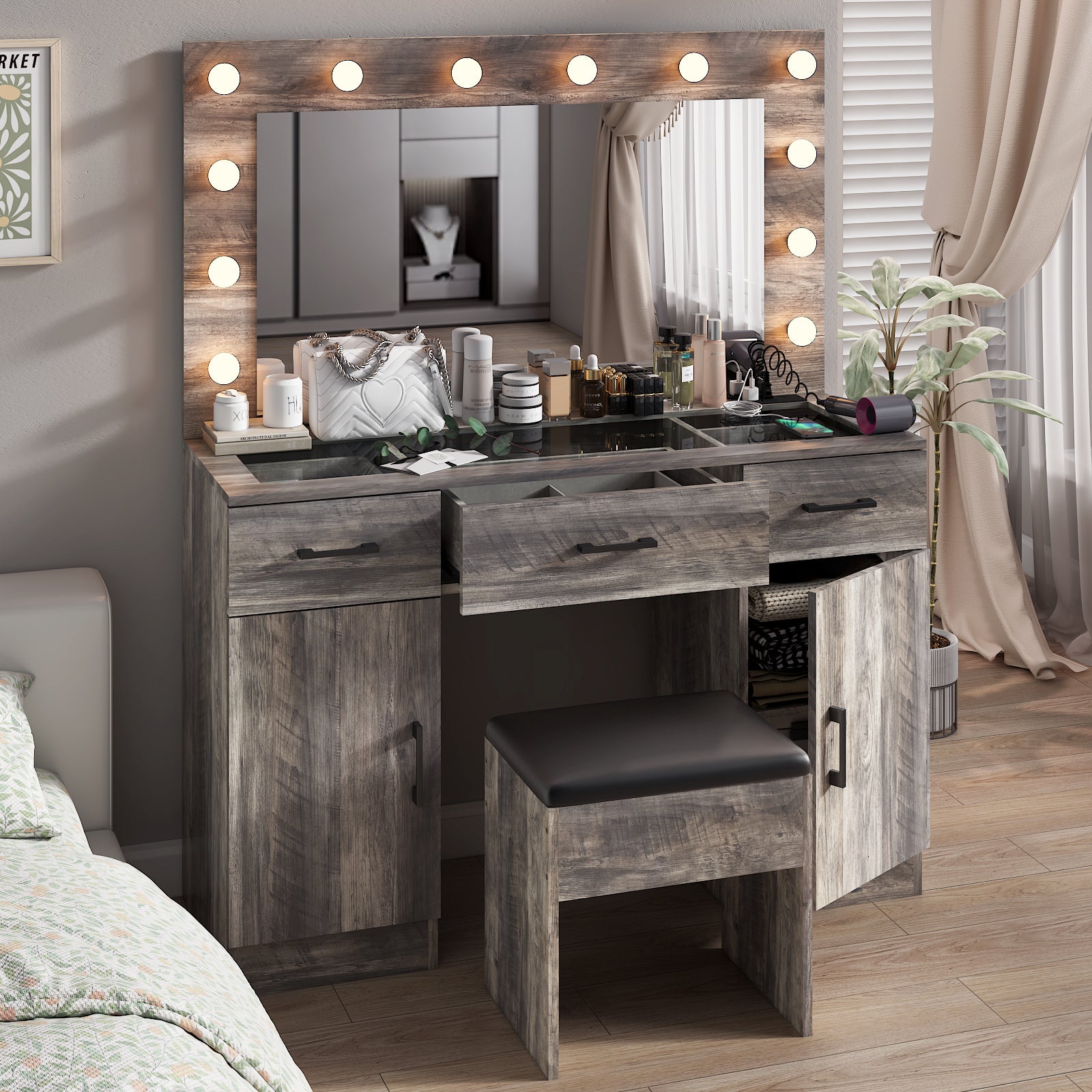 HAOYYE Vanity Desk Set with Large Lighted Mirror and Power Outlet, Glass Top Makeup Vanity with 3 Drawers and 2 Cabinets, 12 LED Lights with 3 Adjustable Lighting Colors, Modern Grey Vanity Table with USB Ports for Bedroom, Dressing Room, or Salon