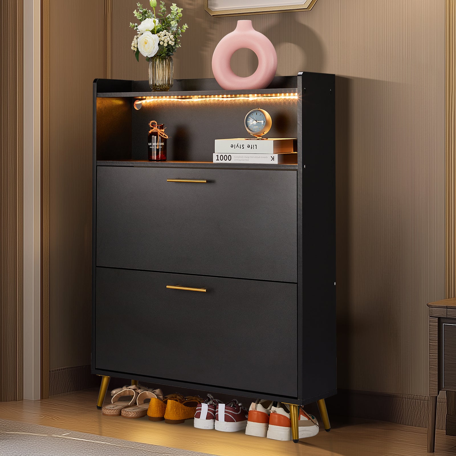 HAOYYE Double Door 6-Layer Shoe Cabinet with High Legs and Energy-Efficient LED Lighting, Durable Particle Board Construction, Modern Black Finish, Spacious Storage for Entryway, Hallway, or Closet Organization
