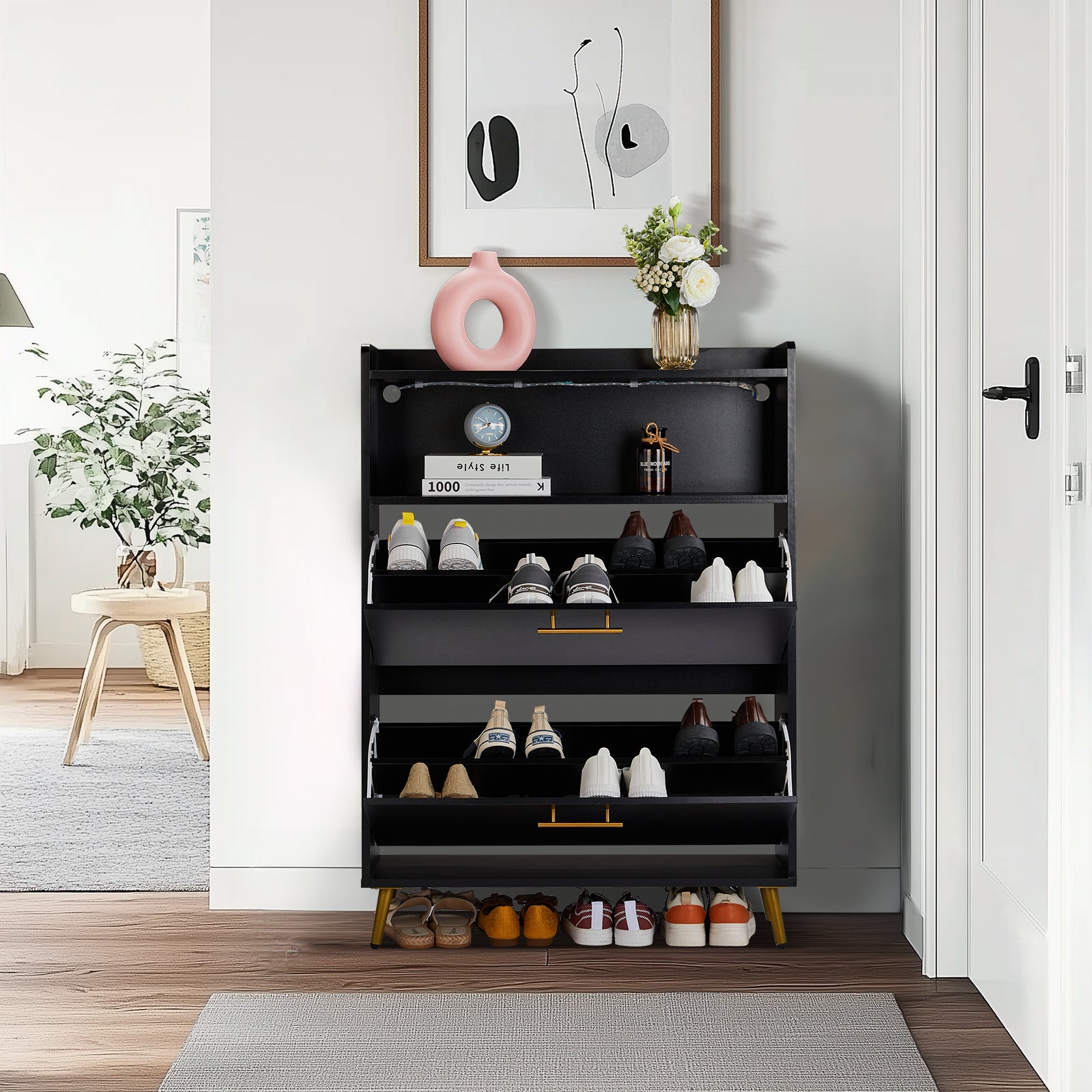 HAOYYE Double Door 6-Layer Shoe Cabinet with High Legs and Energy-Efficient LED Lighting, Durable Particle Board Construction, Modern Black Finish, Spacious Storage for Entryway, Hallway, or Closet Organization