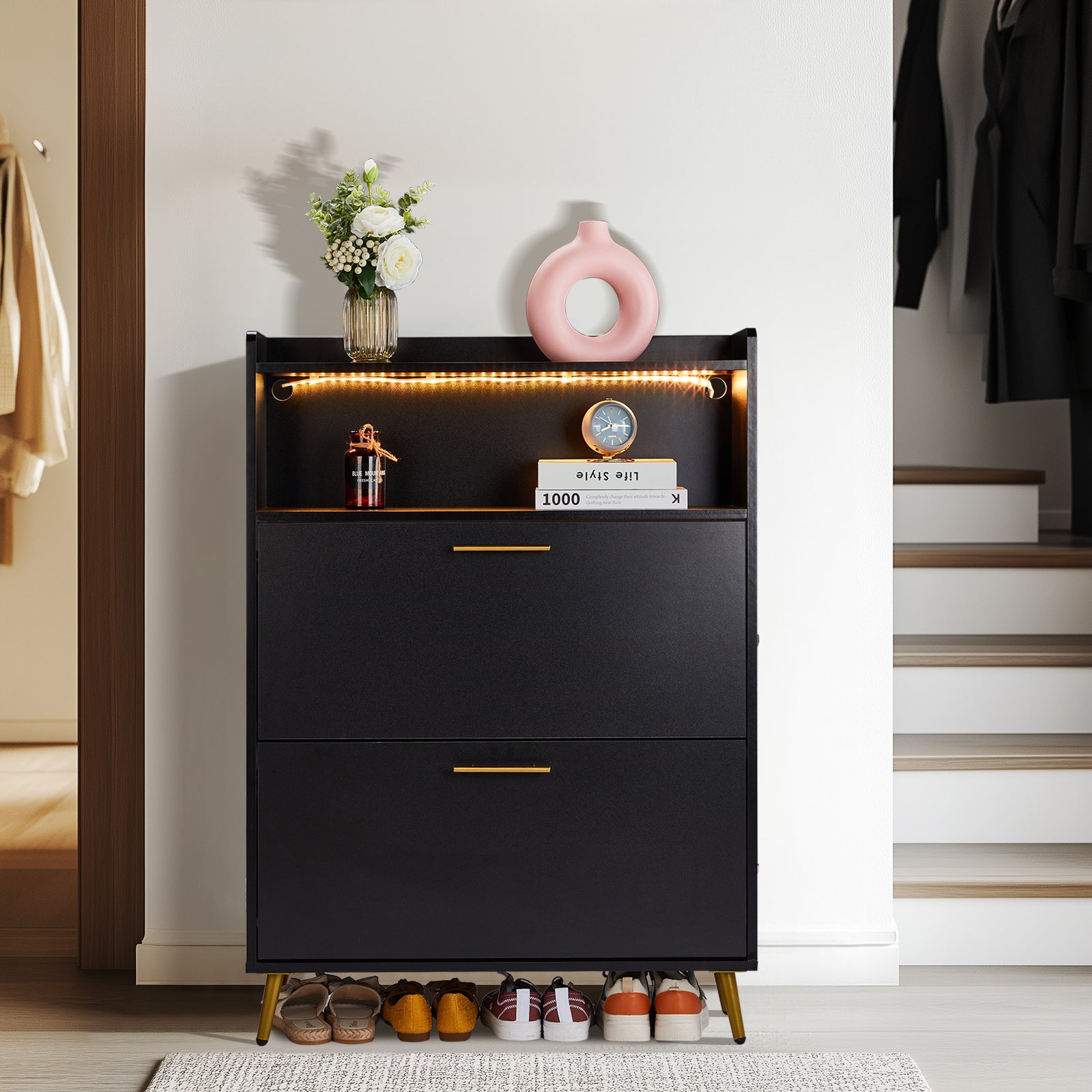 HAOYYE Double Door 6-Layer Shoe Cabinet with High Legs and Energy-Efficient LED Lighting, Durable Particle Board Construction, Modern Black Finish, Spacious Storage for Entryway, Hallway, or Closet Organization