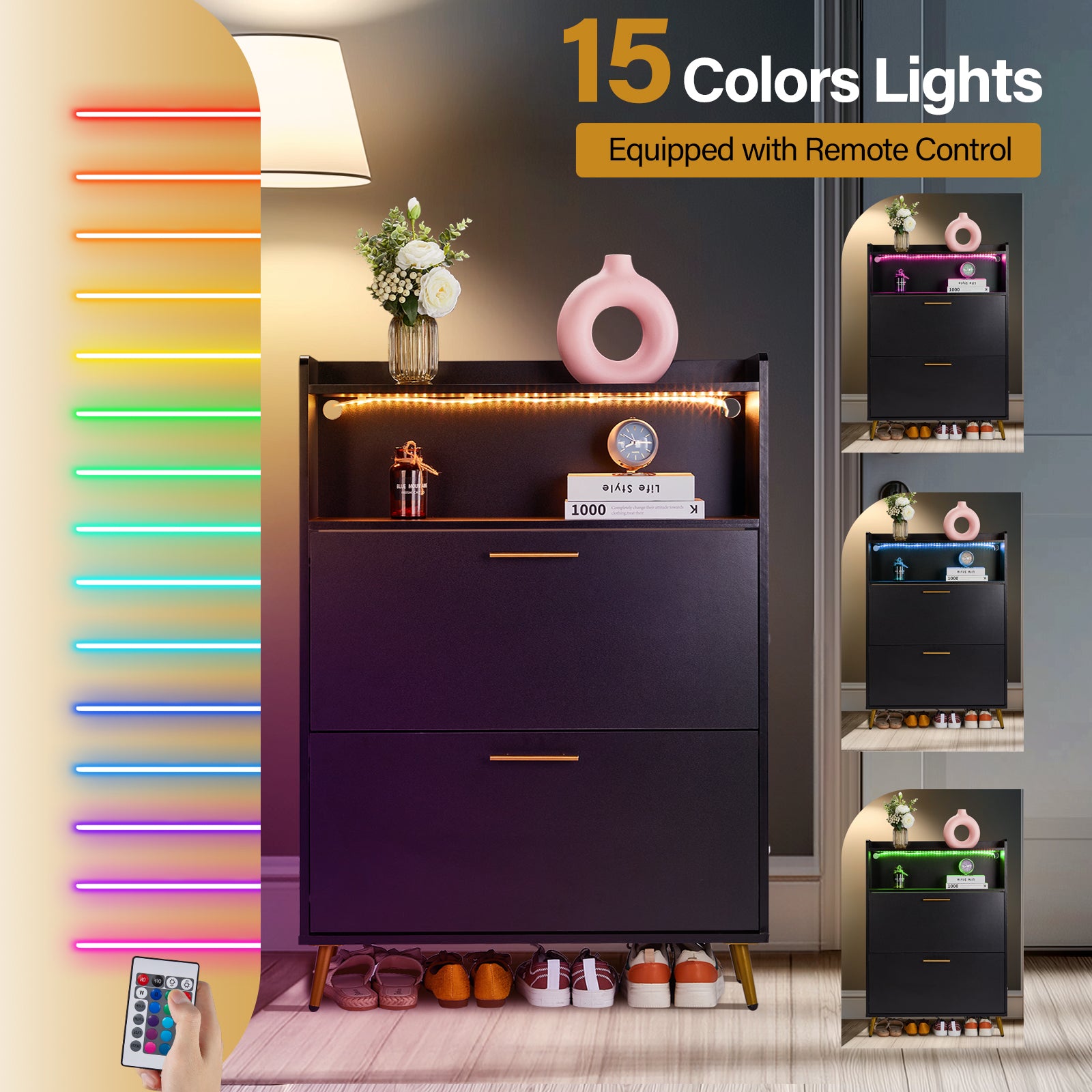 HAOYYE Double Door 6-Layer Shoe Cabinet with High Legs and Energy-Efficient LED Lighting, Durable Particle Board Construction, Modern Black Finish, Spacious Storage for Entryway, Hallway, or Closet Organization
