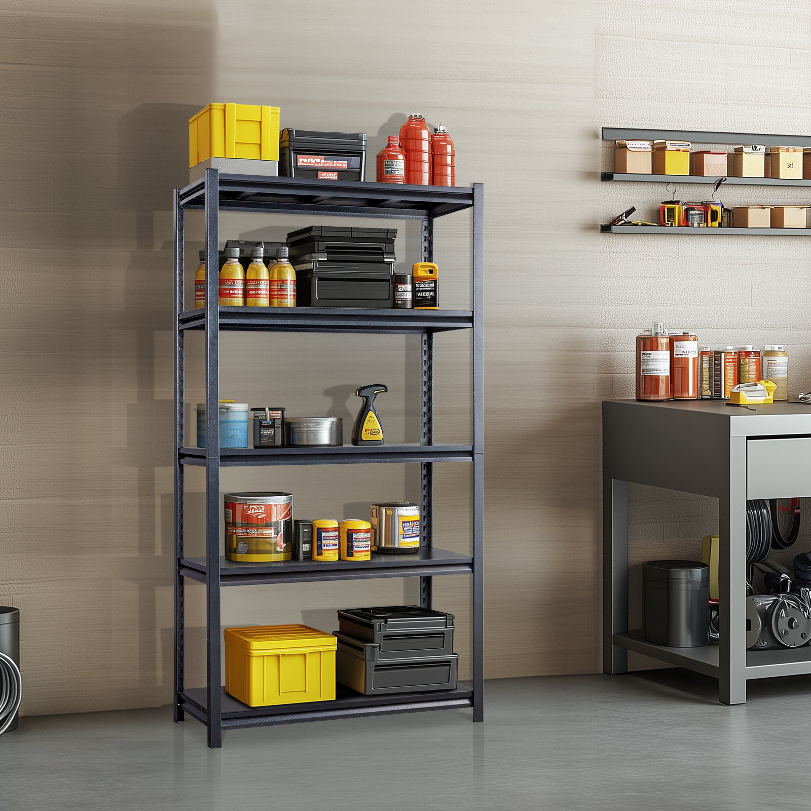 HAOYYE 72" H Adjustable Garage Shelves, 5-Tier Heavy Duty Metal Shelving Unit, 2200LBS Capacity Storage Racks for Warehouse, Pantry, Closet, and Kitchen Organization, Black Finish, Durable and Space-Saving Design for Home and Commercial Use