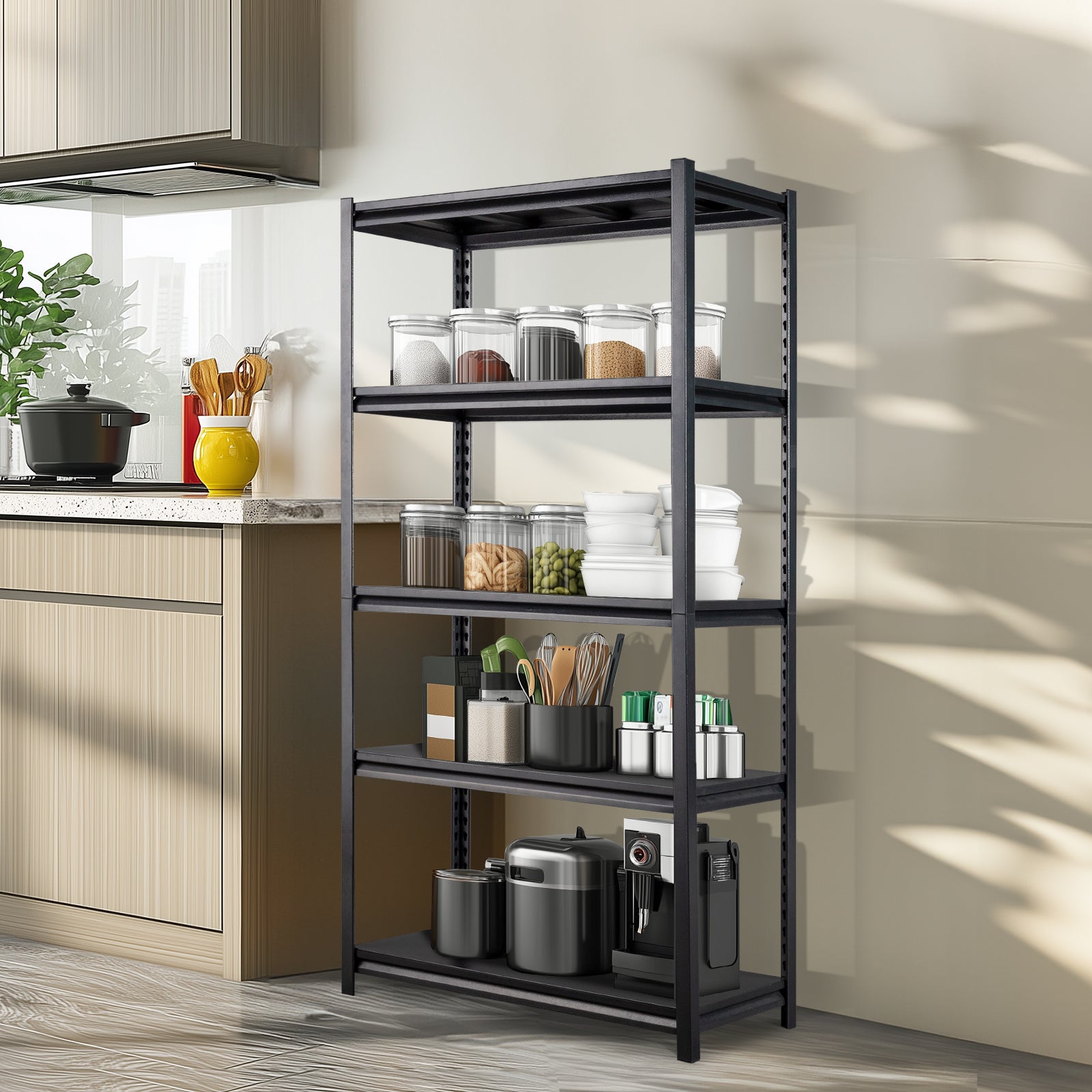 HAOYYE 72" H Adjustable Garage Shelves, 5-Tier Heavy Duty Metal Shelving Unit, 2200LBS Capacity Storage Racks for Warehouse, Pantry, Closet, and Kitchen Organization, Black Finish, Durable and Space-Saving Design for Home and Commercial Use