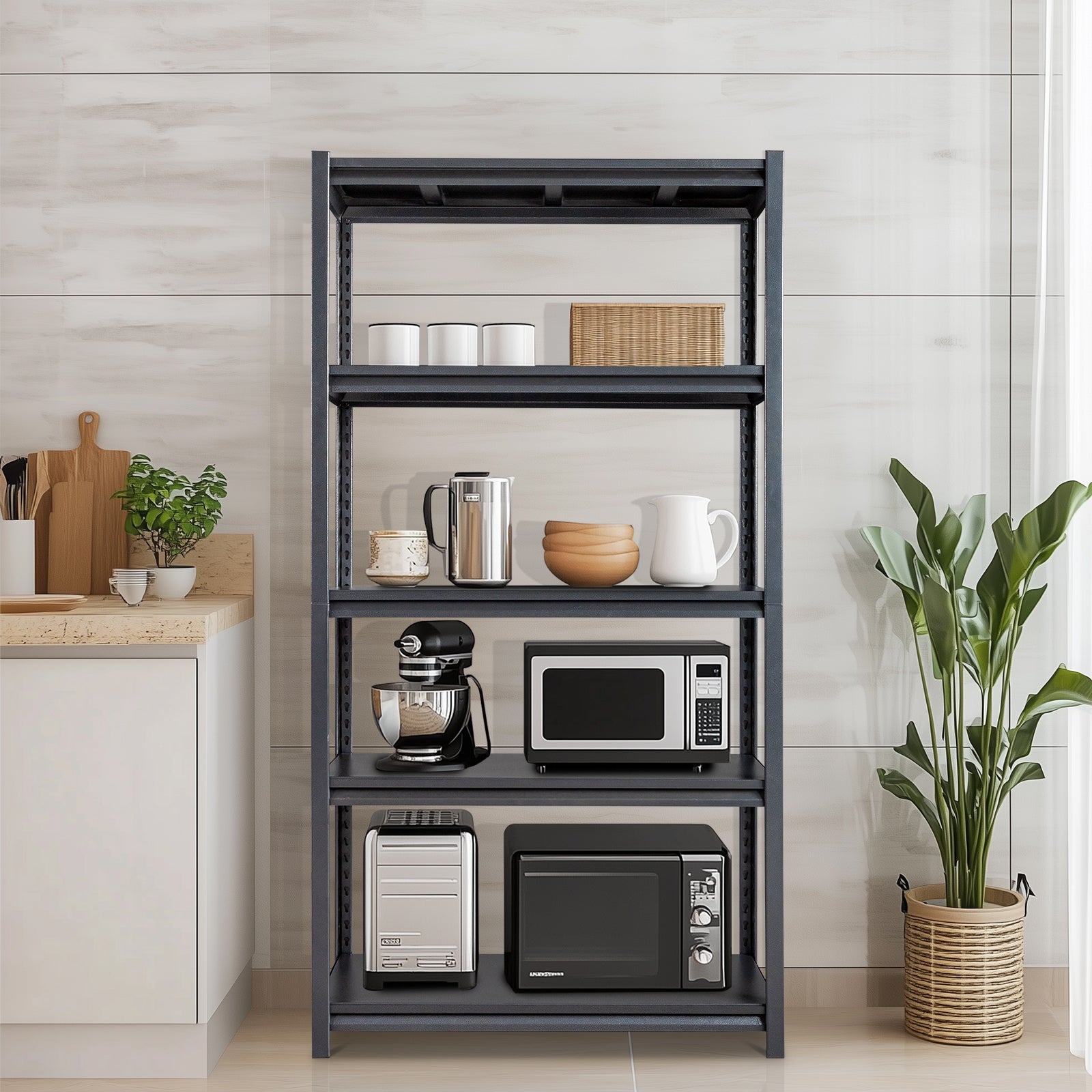 HAOYYE 72" H Adjustable Garage Shelves, 5-Tier Heavy Duty Metal Shelving Unit, 2200LBS Capacity Storage Racks for Warehouse, Pantry, Closet, and Kitchen Organization, Black Finish, Durable and Space-Saving Design for Home and Commercial Use