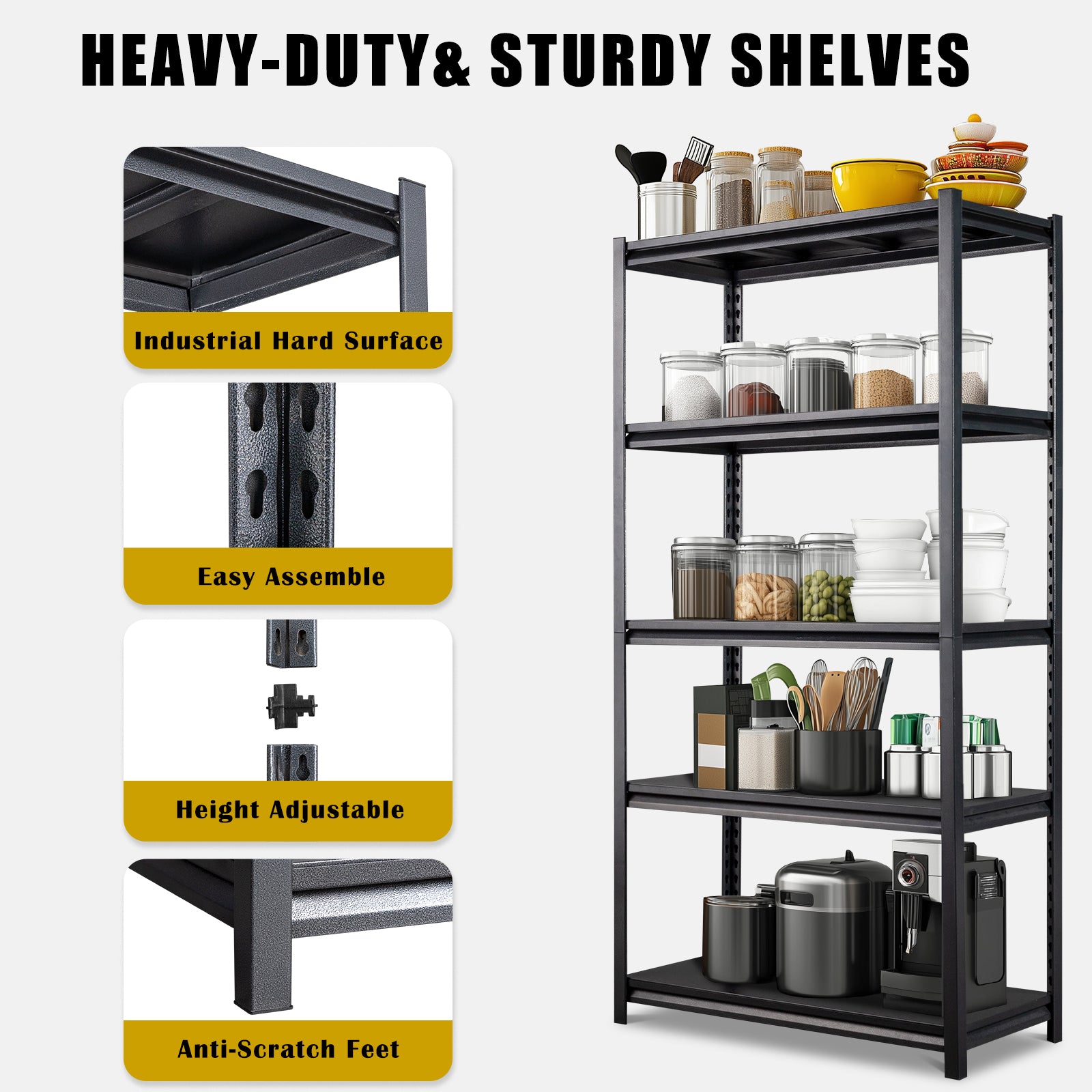 HAOYYE 72" H Adjustable Garage Shelves, 5-Tier Heavy Duty Metal Shelving Unit, 2200LBS Capacity Storage Racks for Warehouse, Pantry, Closet, and Kitchen Organization, Black Finish, Durable and Space-Saving Design for Home and Commercial Use